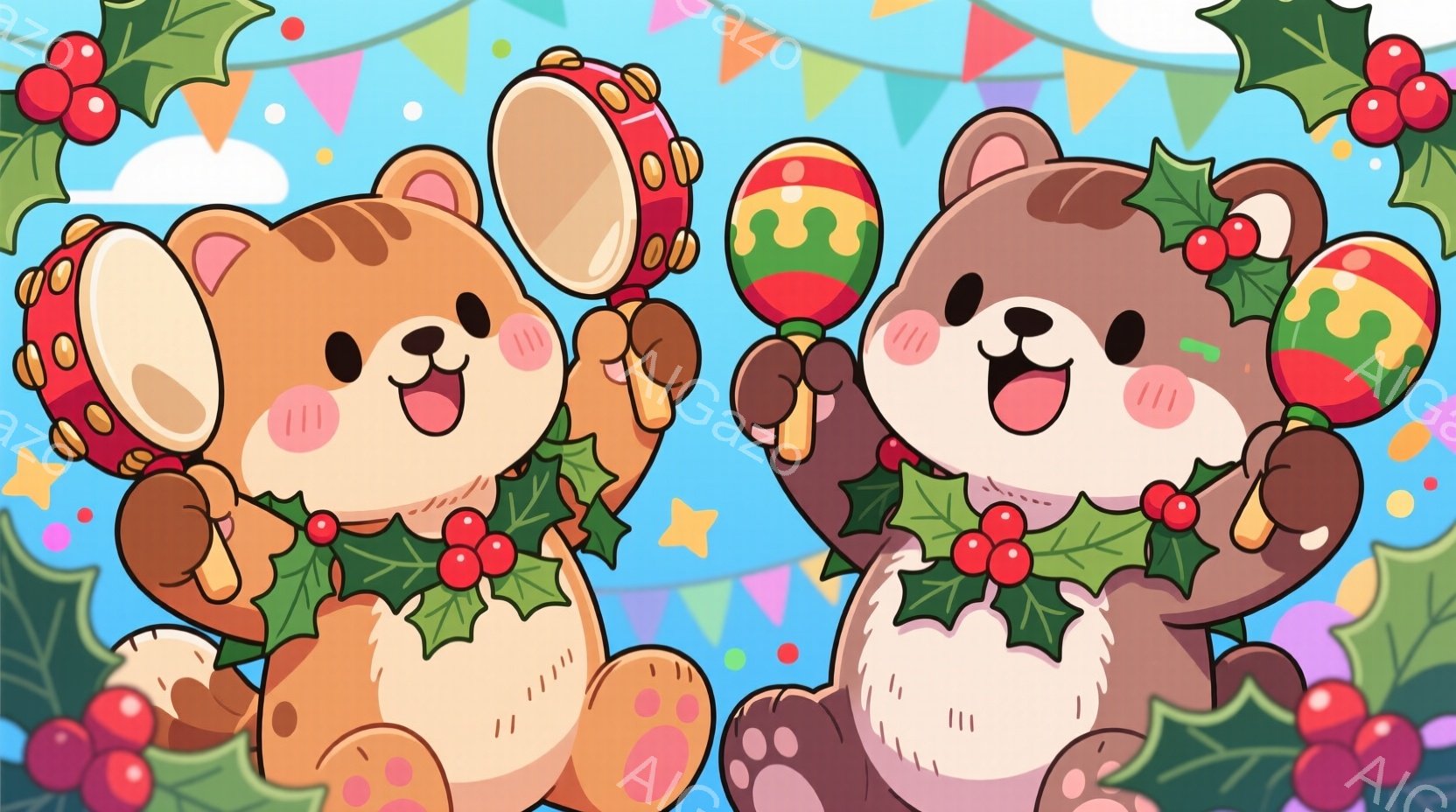 可愛らしい2匹のクマが、それぞれ片手にマラカスを持って楽しそうに立っています。彼らはクリスマスの飾りである赤い実と葉っぱのリースを首に巻いており、笑顔で活気に満ちた表情をしています。背景は、星やオーナメントで飾られた、明るくお祝いムードのイラスト調の背景です。