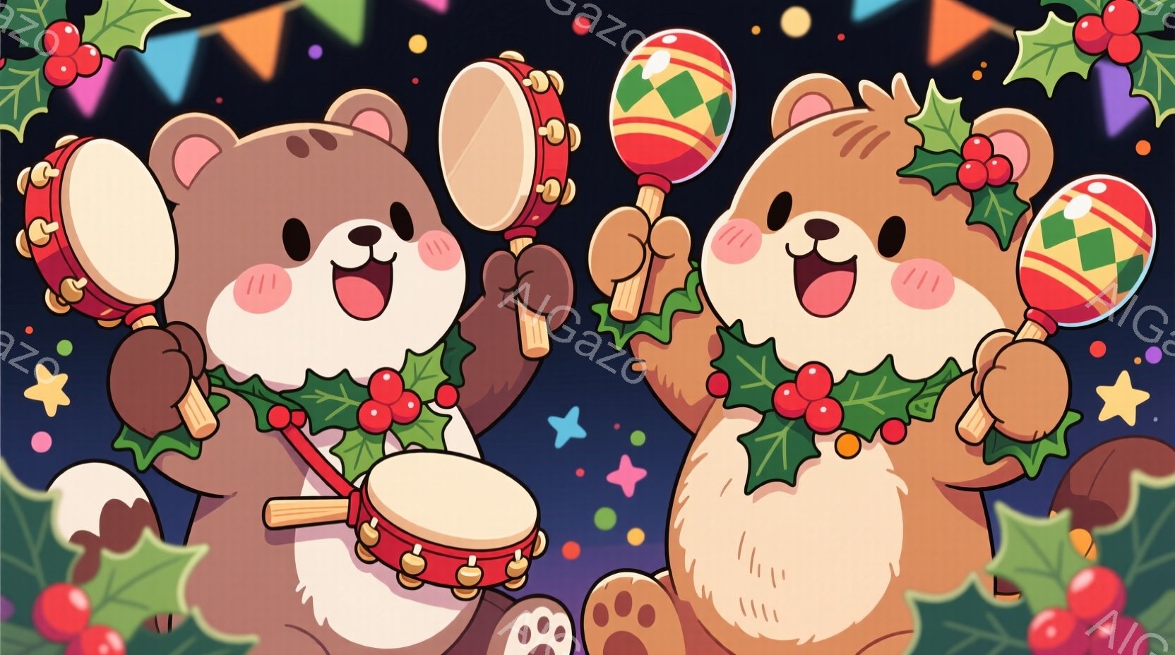 ２匹の可愛らしい熊が、それぞれマラカスとタンバリンを持って踊っています。熊たちはクリスマスの飾り付け、例えば赤い実のついた葉っぱの冠を被っており、顔には喜びの表情が見られます。背景にはキラキラした星や - AI生成フリー素材