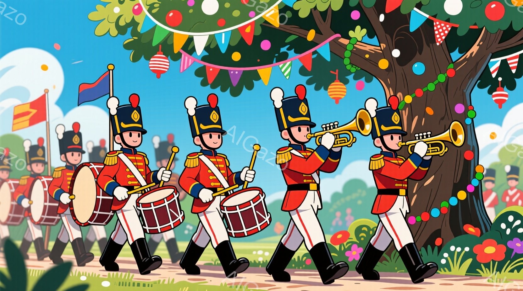 赤い軍服を着た兵士たちが、ドラムとトランペットを演奏しながら行進しています。彼らは黒いブーツを履き、頭には高い帽子をかぶっており、顔には微笑みが浮かんでいます。背景には緑豊かな草地とカラフルな旗が並び、明るくお祭り騒ぎのような雰囲気です。