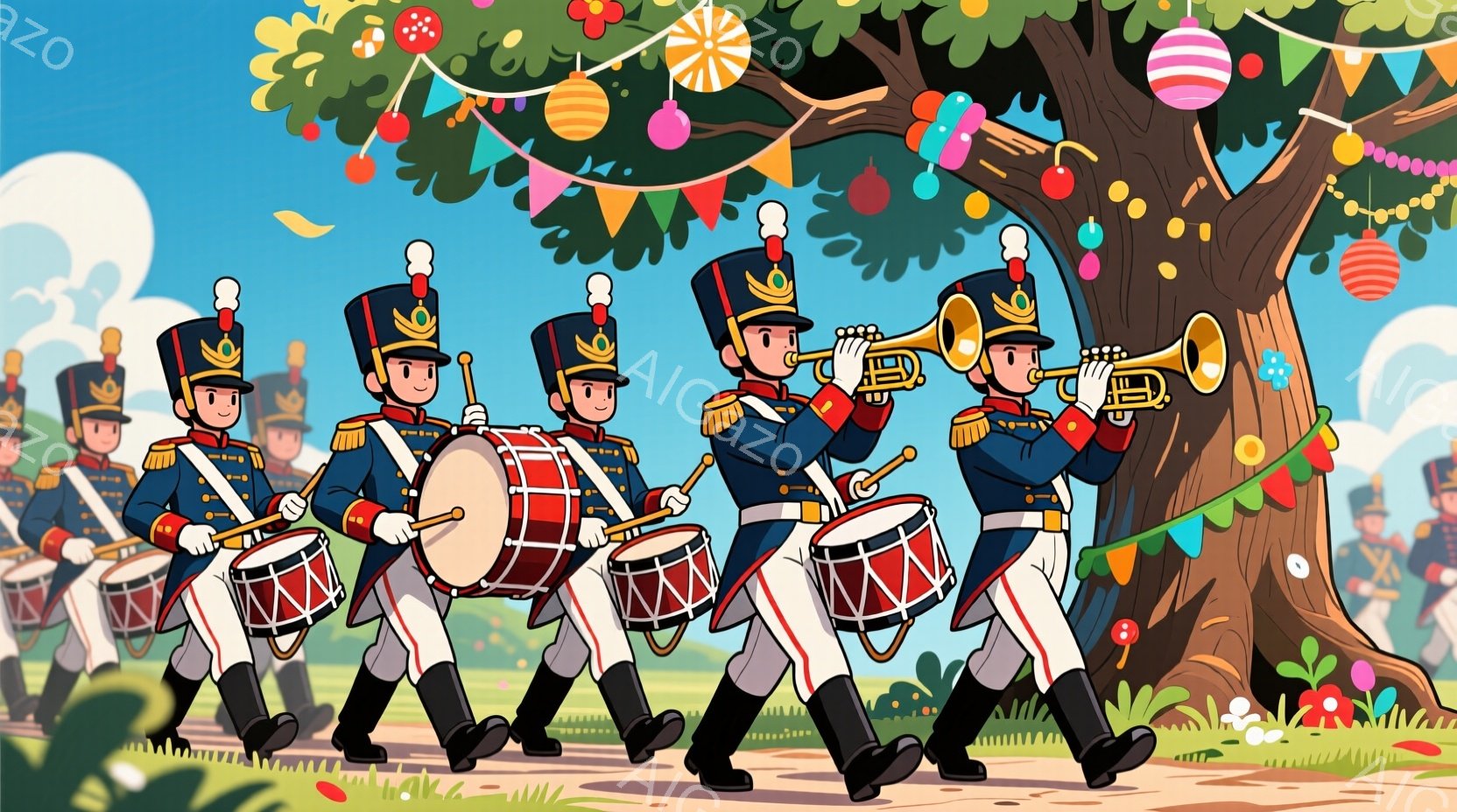 鮮やかな背景の前を、軍服を着た男たちが行進しています。彼らは赤い制服、黒いブーツ、そして金の装飾が施された帽子をかぶり、ドラムやトランペットを演奏しています。背景には、カラフルな旗飾りや緑豊かな木々があり、お祭りやパレードのような賑やかな雰囲気を醸し出しています。
