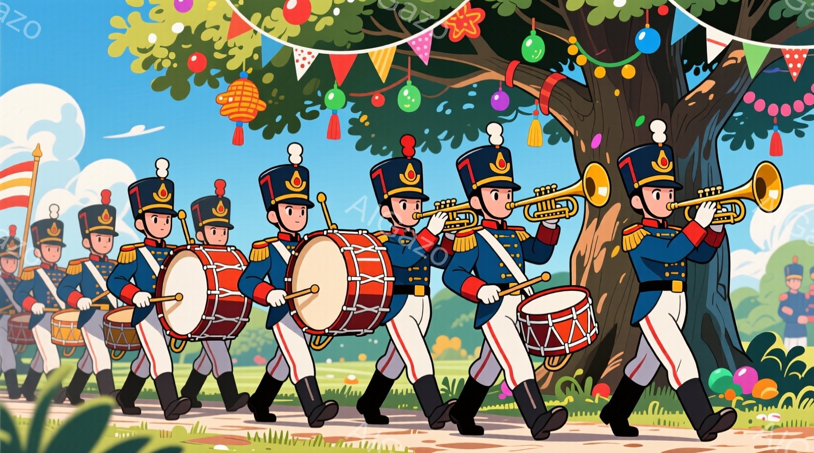 赤い帽子と青い制服を着た兵士たちが、行進しながら太鼓やトランペットを演奏しています。彼らは皆同じように整列し、顔には無表情な印象があります。背景には緑の木々とカラフルな風船、旗があり、お祭りやパレードのような賑やかな雰囲気を醸し出しています。