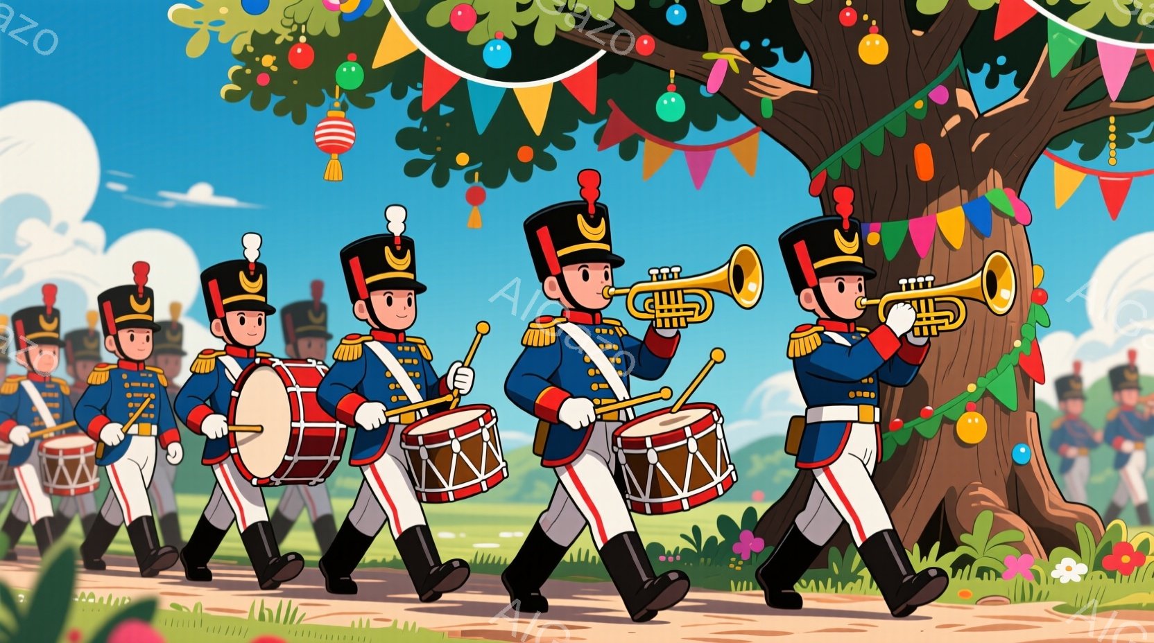 青い制服を着た兵士たちが行進している様子が描かれています。彼らは赤い帽子と金色の装飾が施された制服を着ており、ドラムやトランペットを演奏しています。背景には緑豊かな木々や花々、カラフルな旗が飾られており、お祭りや祝賀会の楽しい雰囲気を醸し出しています。