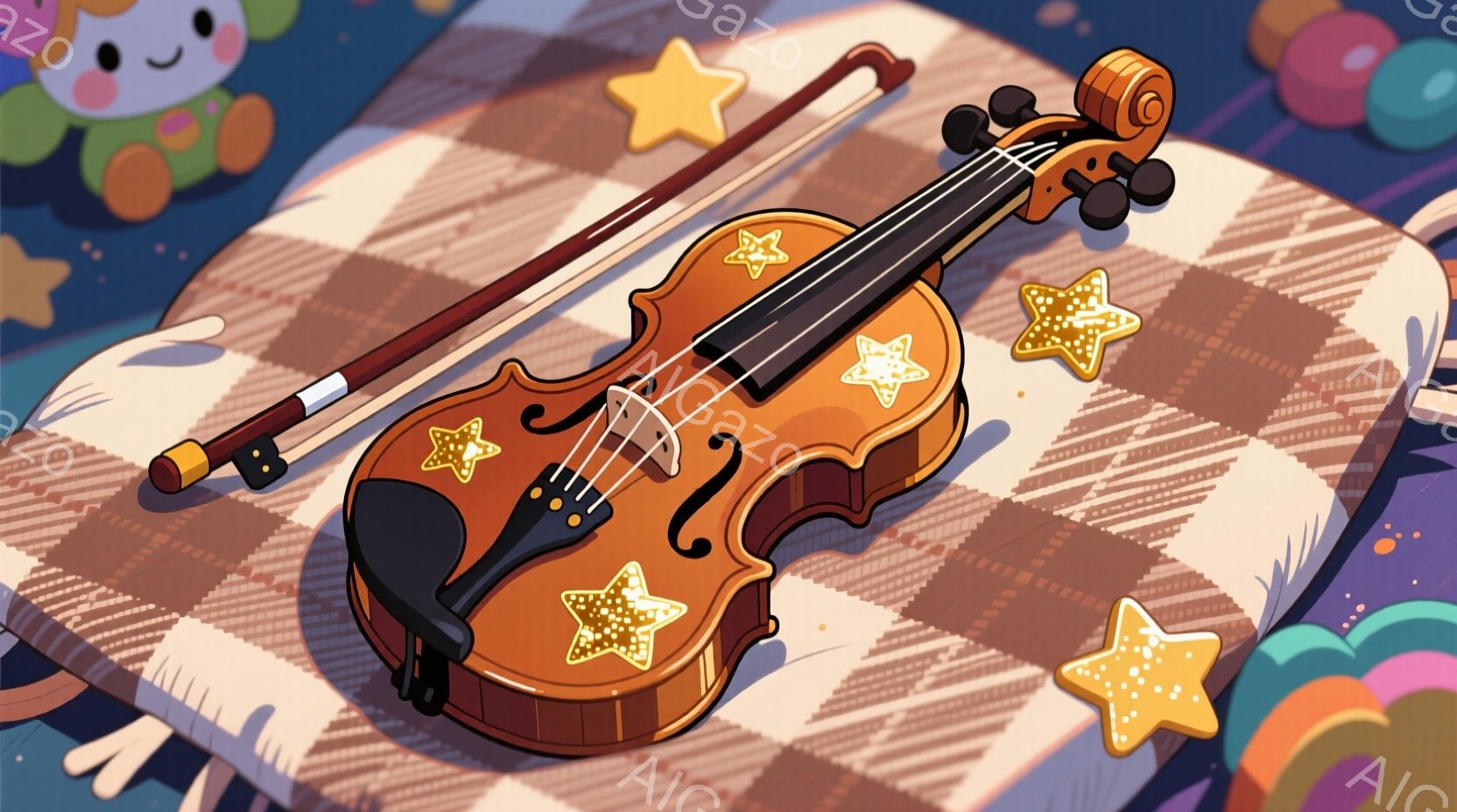 明るい茶色のバイオリンが、きらめく金色の星のステッカーで飾られたチェック柄の布の上に置かれています。バイオリンの隣には、弓と、同じ星のステッカーがいくつか散りばめられています。全体的に、温かく、遊び心のある雰囲気が漂っています。