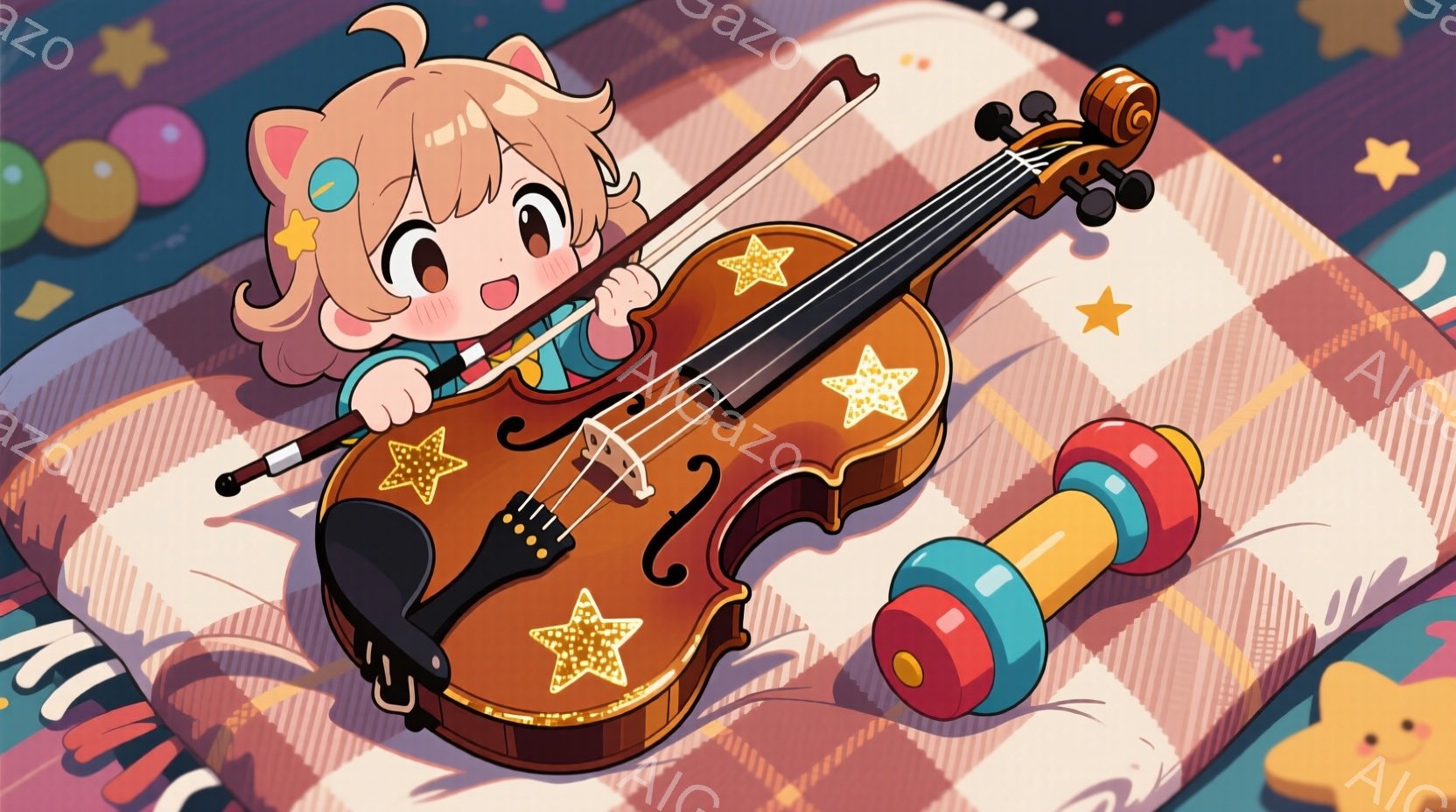 金髪でカールした髪を持つ幼い少女がバイオリンを演奏しているイラストです。彼女は水色のシャツと黒い靴下を履き、頬を赤らめて楽しそうに演奏しています。背景には、カラフルな積み木や星が散りばめられた敷物が描かれており、全体的に明るく可愛らしい雰囲気です。