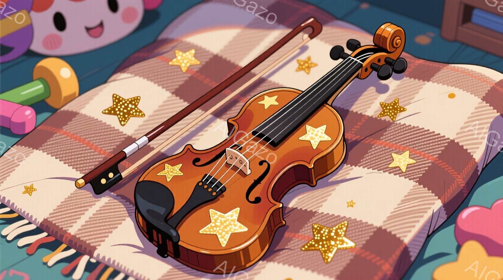 明るいピンク色の敷物の上にバイオリンと弓が置かれています。バイオリンには金色の星が散りばめられており、可愛らしい印象を与えます。背景には、パステルカラーの建物やぬいぐるみらしきものがぼんやりと見え、温かく夢のような雰囲気が漂っています。