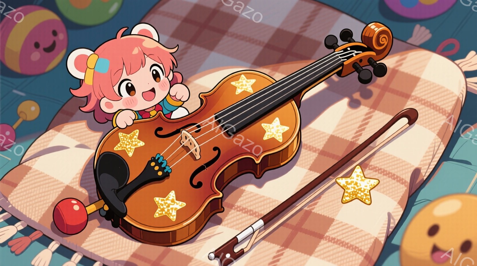 明るい金色のバイオリンの隣に、ピンク色の髪をした少女が寄り添っています。彼女は短いピンク色の髪に白いヘアアクセサリーをつけており、嬉しそうな表情を浮かべています。背景には、カラフルな風船のようなものが描かれており、全体的に明るく楽しい雰囲気が漂っています。
