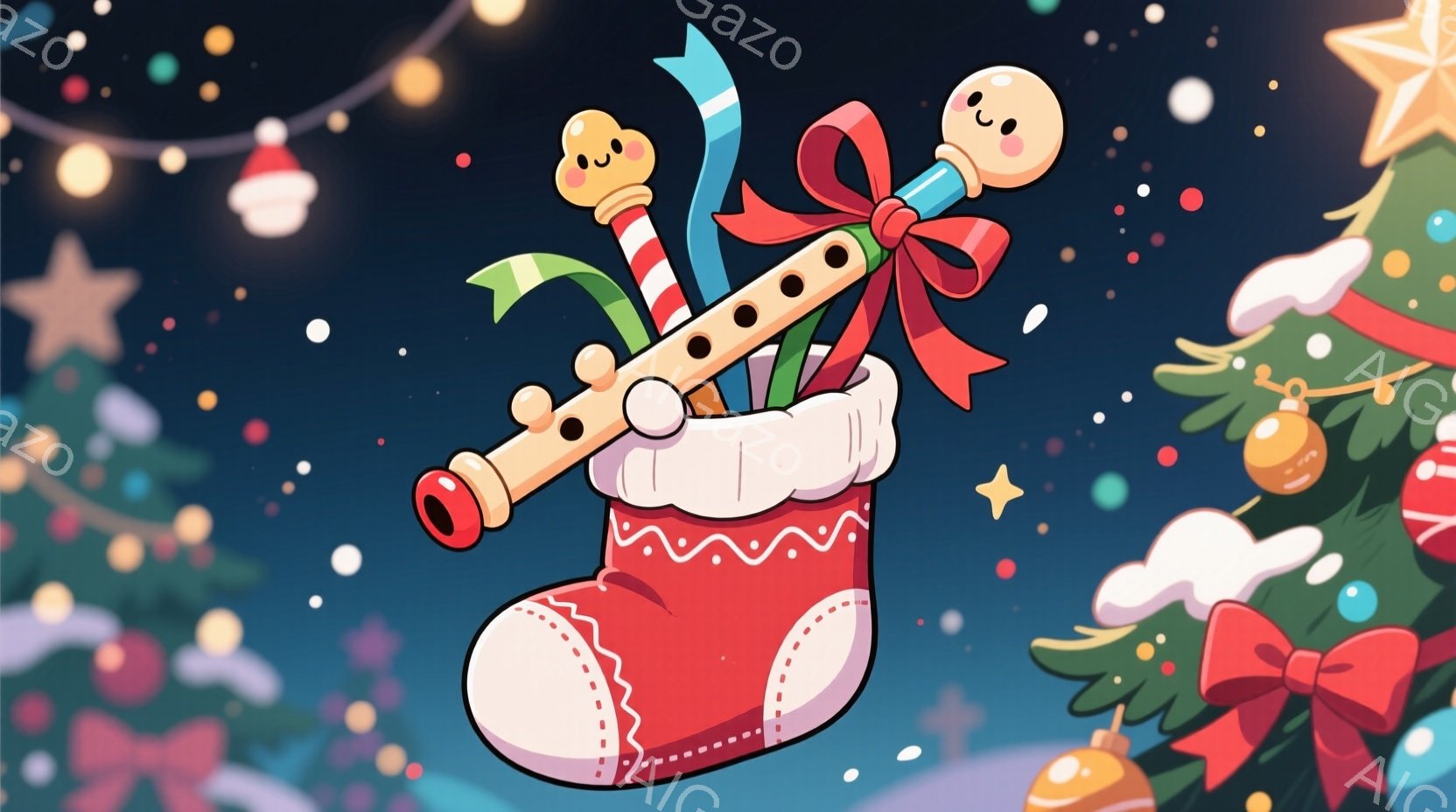 大きな赤いクリスマスストッキングが、緑色の背景に飾られたクリスマスツリーの前に置かれています。ストッキングからは、キャンディケーンやカラフルなリボン、その他の小さなプレゼントが顔を覗かせており、冬の祝祭の雰囲気を盛り上げています。背景には雪片が舞い、暖かく、お祝いのムードを醸し出しています。