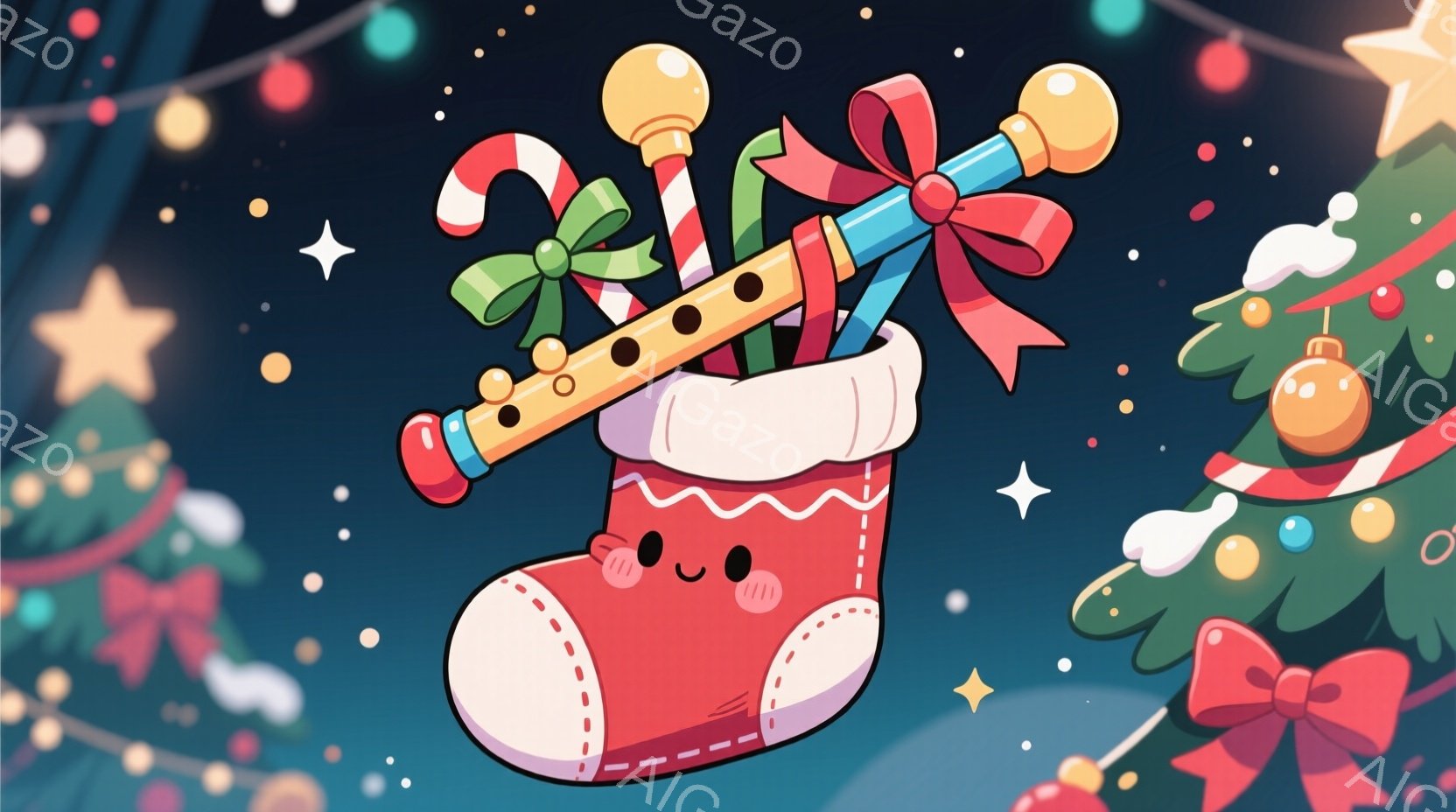 赤いクリスマスストッキングが画面中央に描かれており、中からはキャンディケーンやリボンで飾られたプレゼントが溢れています。ストッキングには可愛らしい顔が描かれており、背景には緑色のクリスマスツリーと輝く - AI生成フリー素材