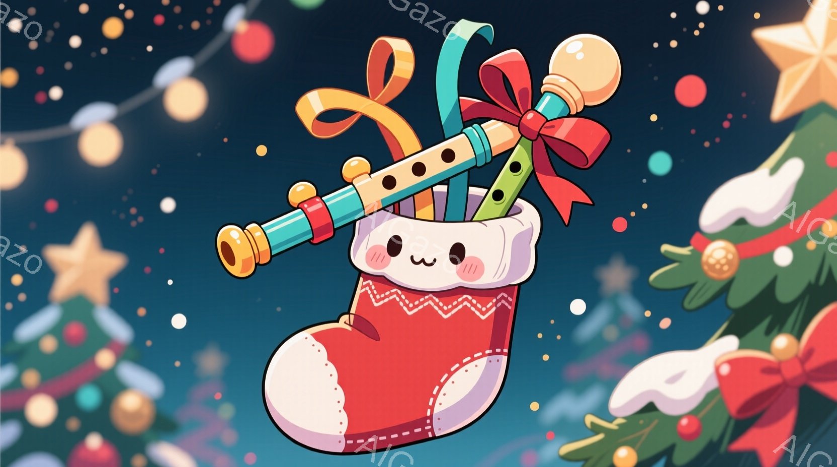 真っ赤なクリスマスストッキングが画面中央に描かれており、中には色鉛筆やクレヨンが顔を覗かせています。ストッキングには可愛らしい表情が描かれており、背景にはクリスマスツリーやキラキラと輝く星屑が散りばめられ、全体的に暖かく、お祝いムードに満ちた雰囲気です。ストッキングからはリボンと紙吹雪が舞い上がっており、さらに華やかさを添えています。