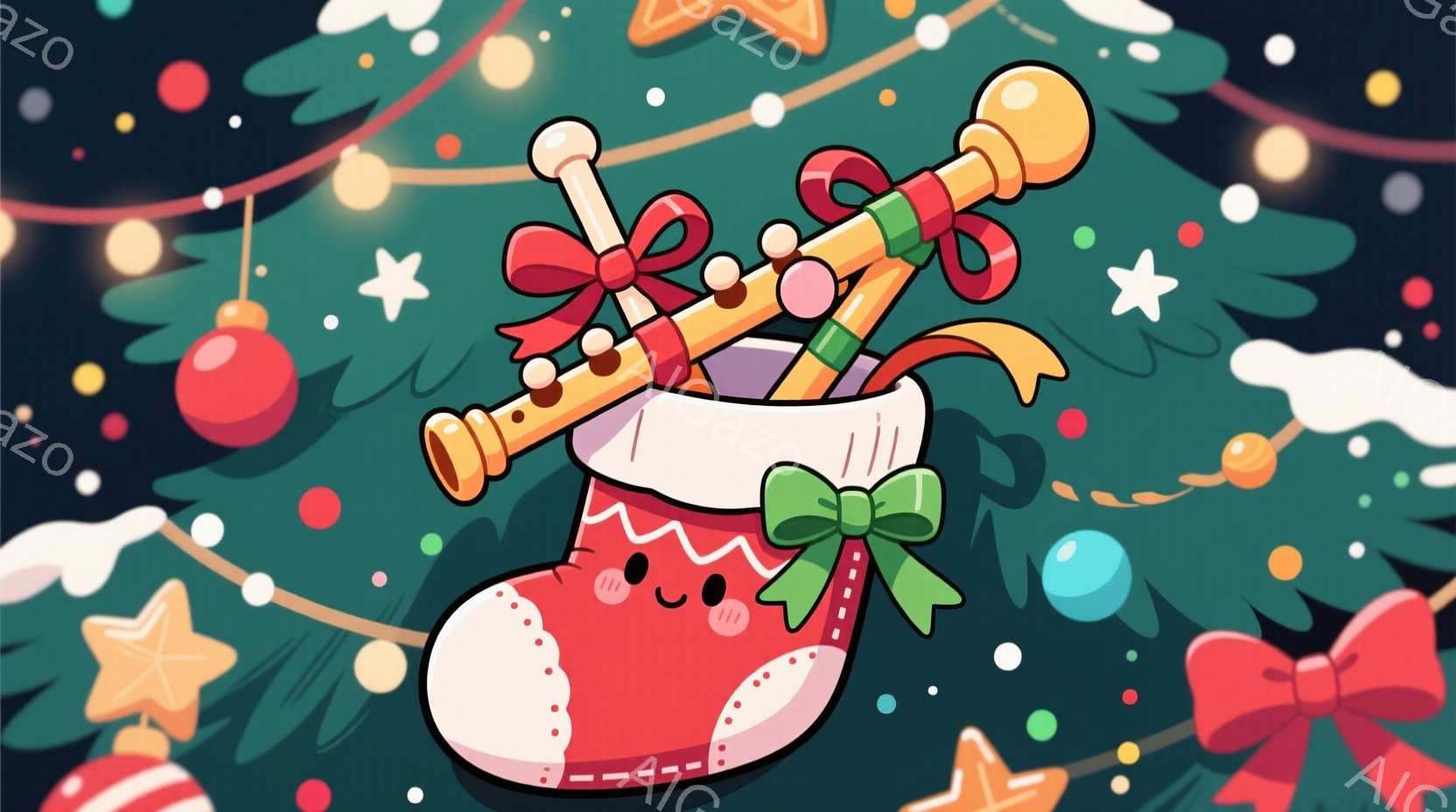 赤いクリスマスストッキングが画面中央に描かれており、緑のリボンと白い縁取りが特徴的です。ストッキングの中には、リボンで結ばれたキャンディケーンがいくつか入れられており、背景にはクリスマスオーナメントや星が散りばめられています。全体的に暖かく、お祝いムード満点のクリスマスのイラストです。