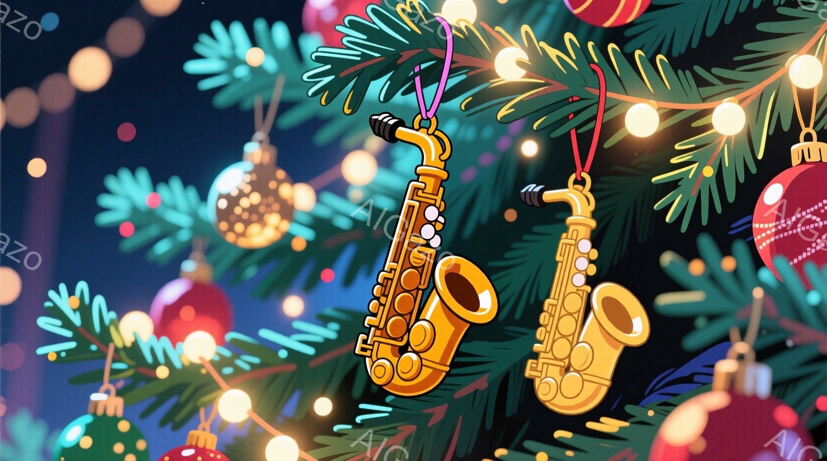 クリスマスツリーの枝に、金色のサックスとテナーサックスのオーナメントが飾られています。背景には、様々な色のクリスマスボールや点灯された電飾が散りばめられており、暖かく華やかな雰囲気を醸し出しています。深緑色のツリーと鮮やかなオーナメントのコントラストが、お祝いの季節らしさを強調しています。