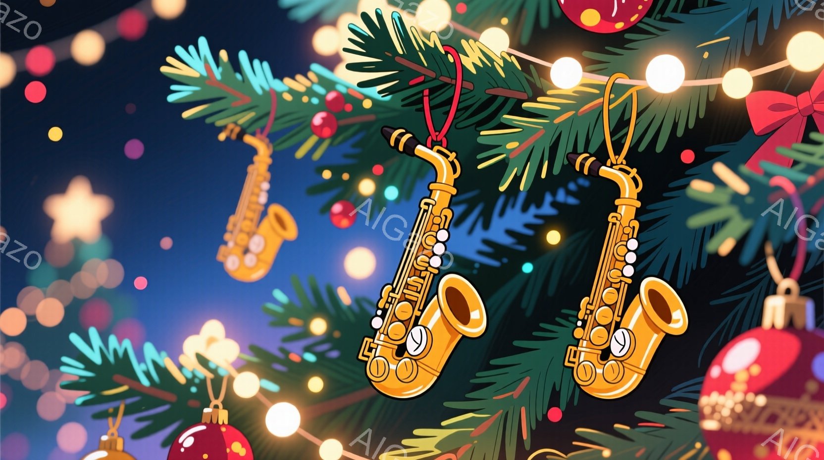 かわいらしい少女が雪景色の中でキャンディケーンを持って立っています。彼女は茶色の髪をツインテールにし、赤いリボンと帽子を付けています。背景には、クリスマスらしい装飾が施された建物が並び、雪が降る幻想的な雰囲気を醸し出しています。