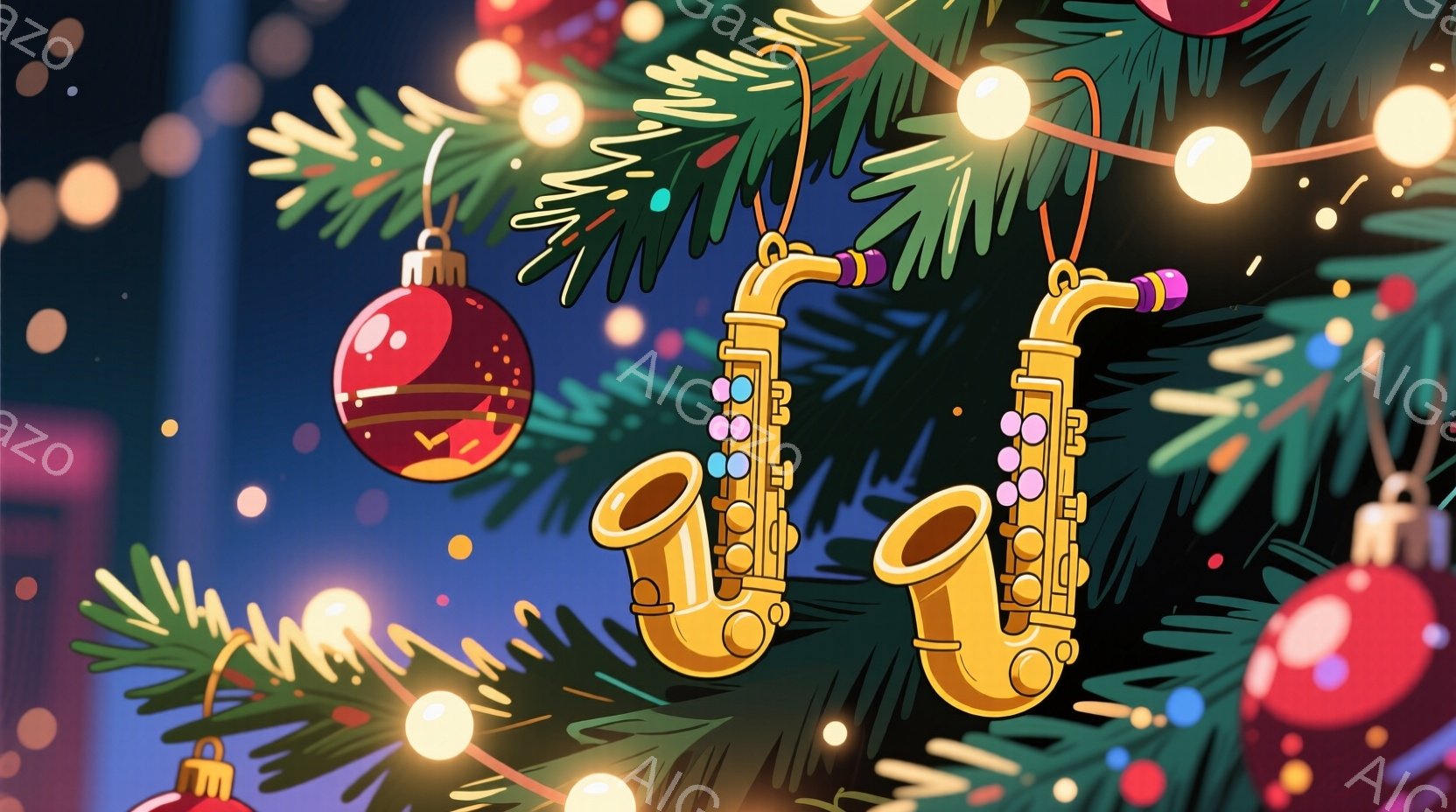 クリスマスツリーの背景に、金色のサックスが二つ飾られています。ツリーはオーナメントや電飾で華やかに彩られ、背景はぼやけた光のグラデーションで、お祭り気分を盛り上げています。全体的に温かく、華やかで、クリスマスの祝祭的な雰囲気が漂っています。