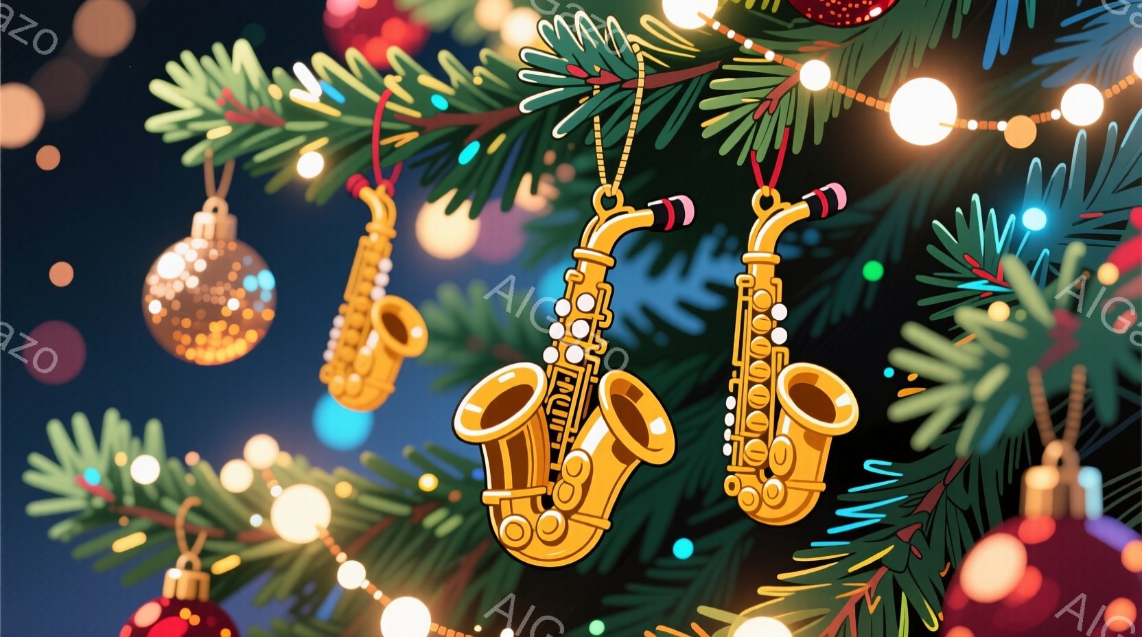 クリスマスツリーの枝に、金色のサックスのオーナメントが二つぶら下がっており、背景にはぼやけたカラフルなクリスマスライトが輝いています。ツリーは緑色の葉で覆われ、オーナメントの一つは近くに光り輝くボールと並んでいます。全体的に、暖かく、お祝いの雰囲気で、ホリデーシーズンを象徴する様子が表現されています。