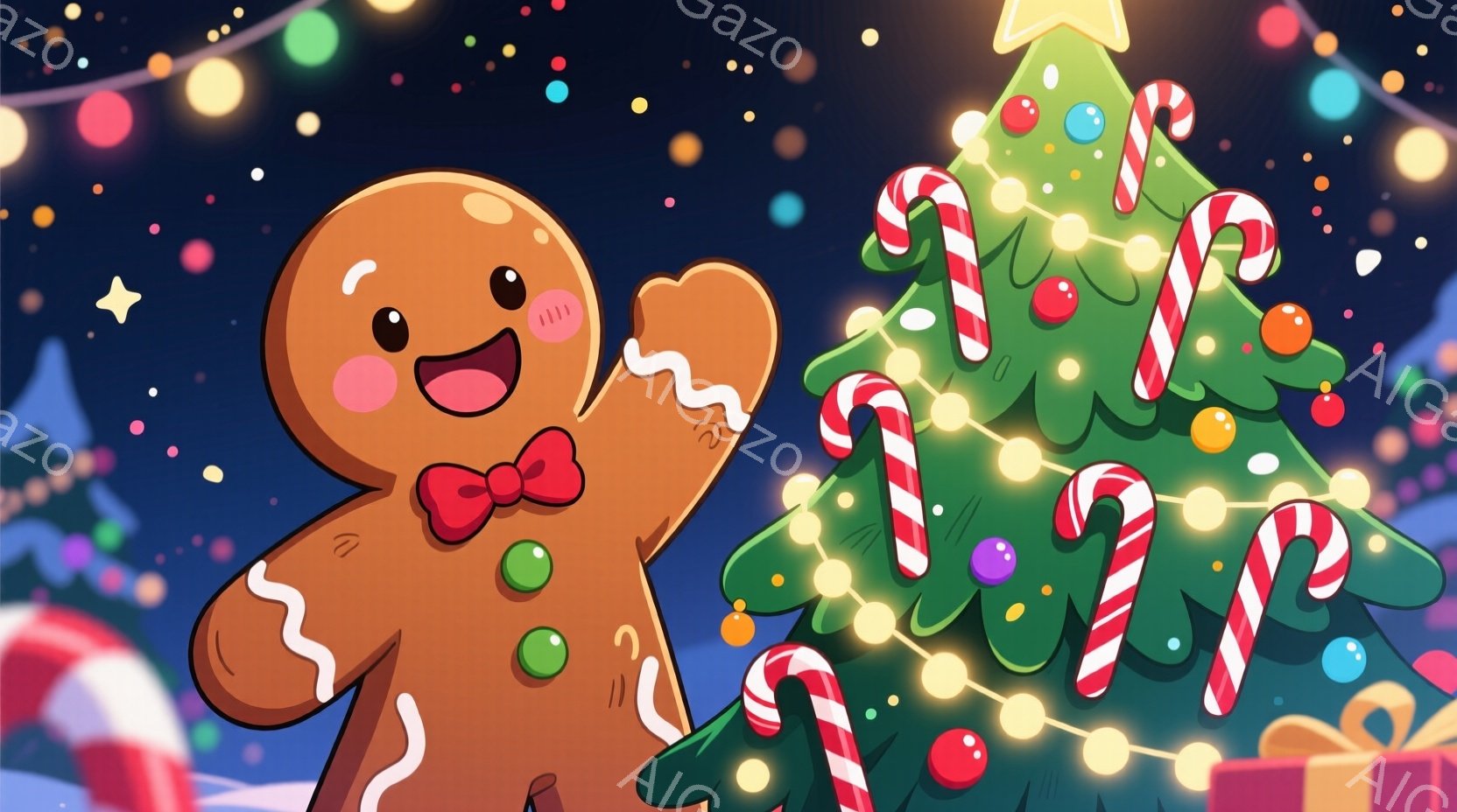 ジンジャーブレッドマンがクリスマスツリーの前に立っており、嬉しそうな表情をしています。ツリーはカラフルなキャンディケーンと丸いオーナメントで飾られ、背景にはプレゼントボックスやキラキラした光が散りばめられています。全体的に暖かく、お祝いムードにあふれたクリスマスの雰囲気です。