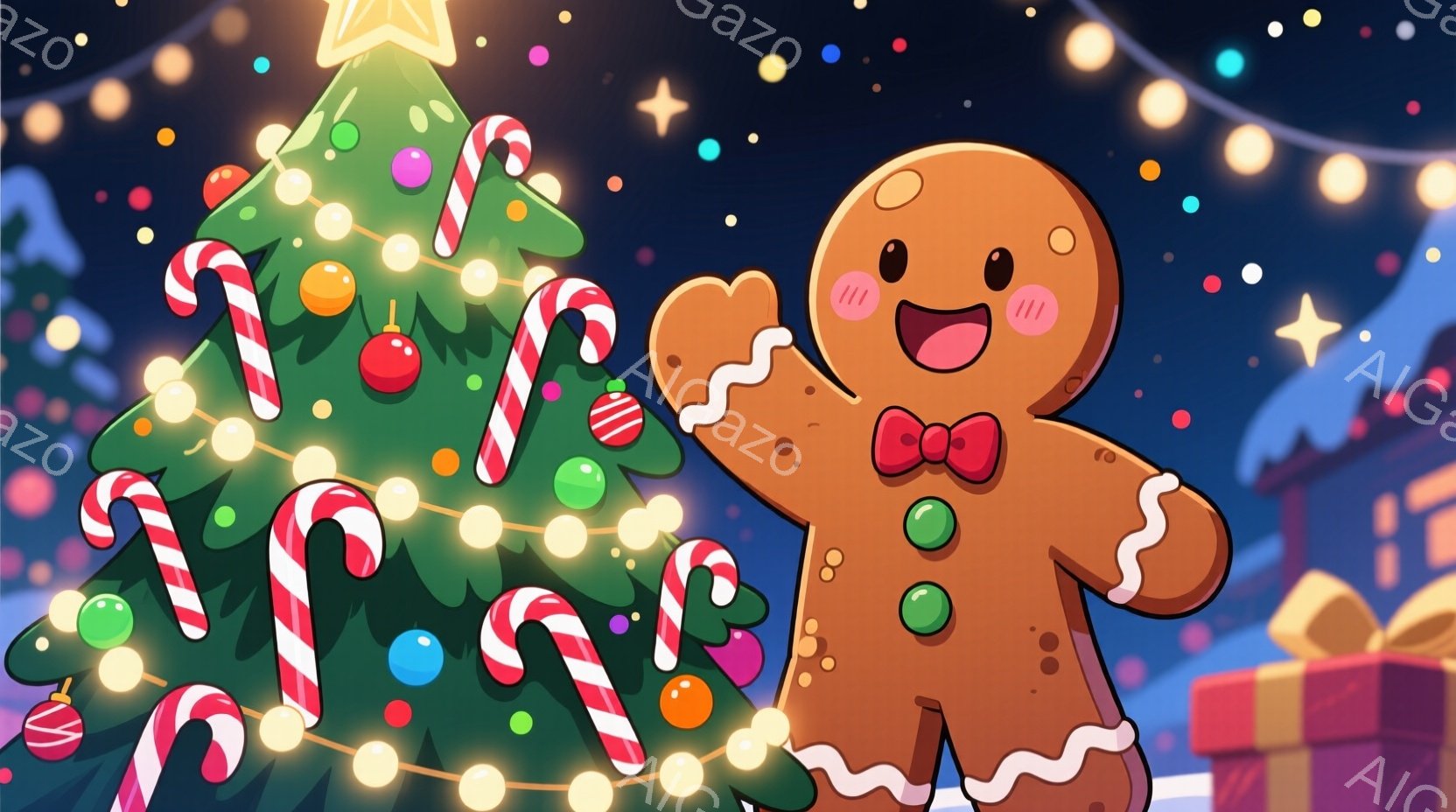 ジンジャーブレッドマンがクリスマスの飾り付けられたクリスマスツリーの前で両手を広げて立っています。ツリーはキャンディケーンやオーナメントで飾られており、背景にはギフトボックスと雪が降る夜空が見えます。全体的に暖かく、お祝いの雰囲気で、ハッピーなジンジャーブレッドマンの表情がそれを強調しています。