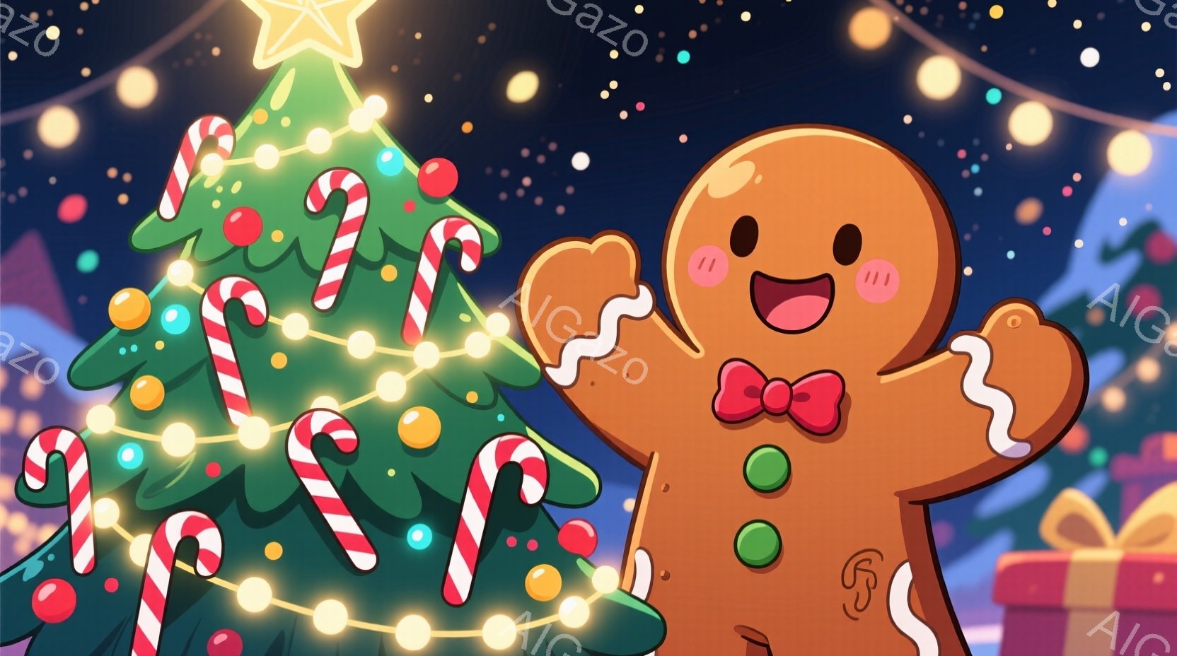 ジンジャーブレッドマンがクリスマスのツリーの前で両手を広げて喜んでいます。ツリーはキャンディケーンや電飾で飾られており、背景にはプレゼントボックスが見えます。全体的に暖かく、お祝いムードに満ちた雰囲気です。
