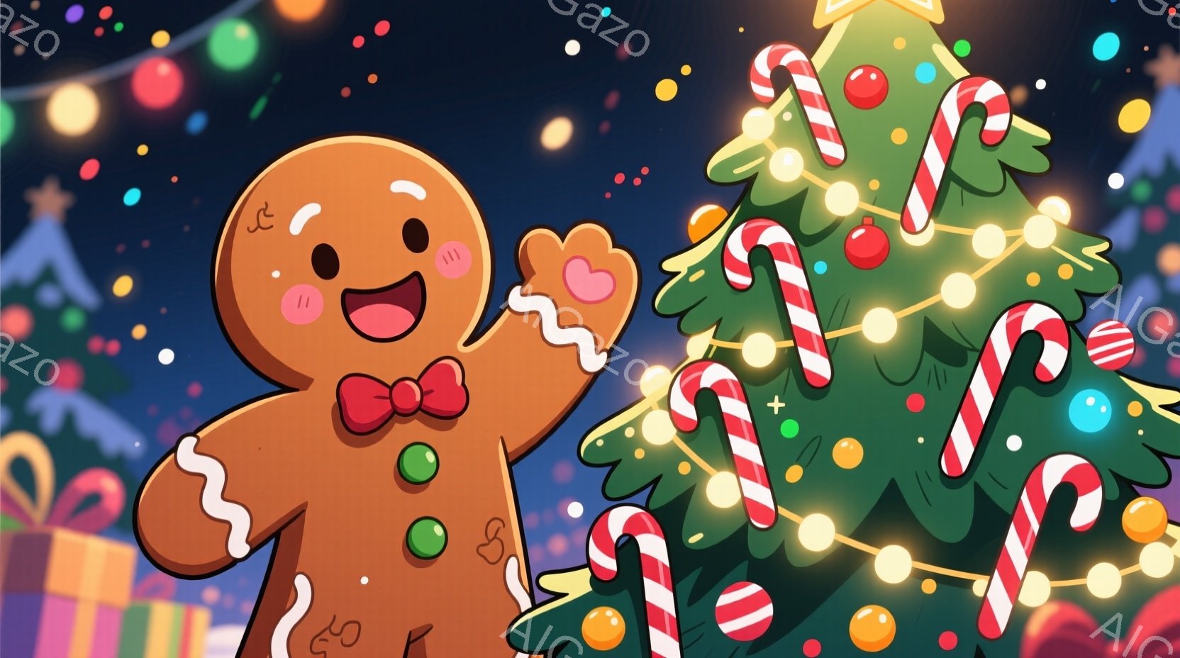 ジンジャーブレッドマンがクリスマスツリーの前に立っており、嬉しそうな表情で片手を伸ばしています。ツリーは緑色で、キャンディケーンやオーナメントで飾られており、背景にはカラフルなプレゼントとキラキラした - AI生成フリー素材
