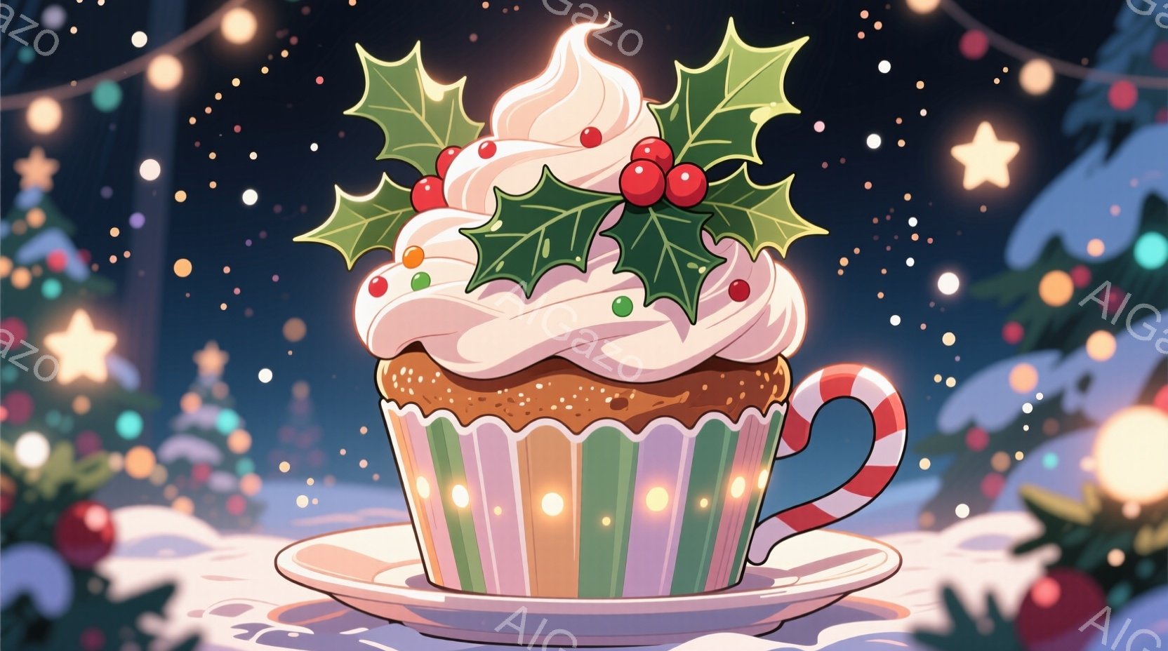 クリスマスを連想させるカップケーキが、白いソーサーに乗せて描かれています。カップケーキは緑とピンクのストライプ模様の紙製のカップに包まれ、ホイップクリームと赤い実の付いた葉で飾られています。背景にはぼやけたクリスマスツリーの光と雪が舞う様子が描かれ、温かくお祝いの雰囲気を醸し出しています。