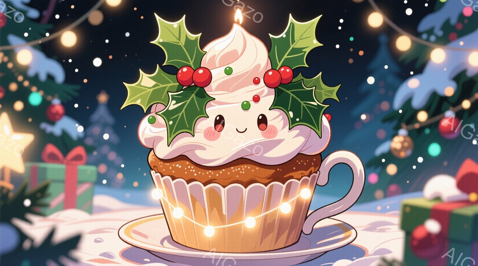 鮮やかな赤いイチゴがたっぷり乗った、層状のスポンジケーキが中央に置かれています。ケーキは白いクリームと赤いジャムで飾られ、白皿に乗せられています。背景には、ぼやけた木々と輝くクリスマスライトがあり、温 - AI生成フリー素材