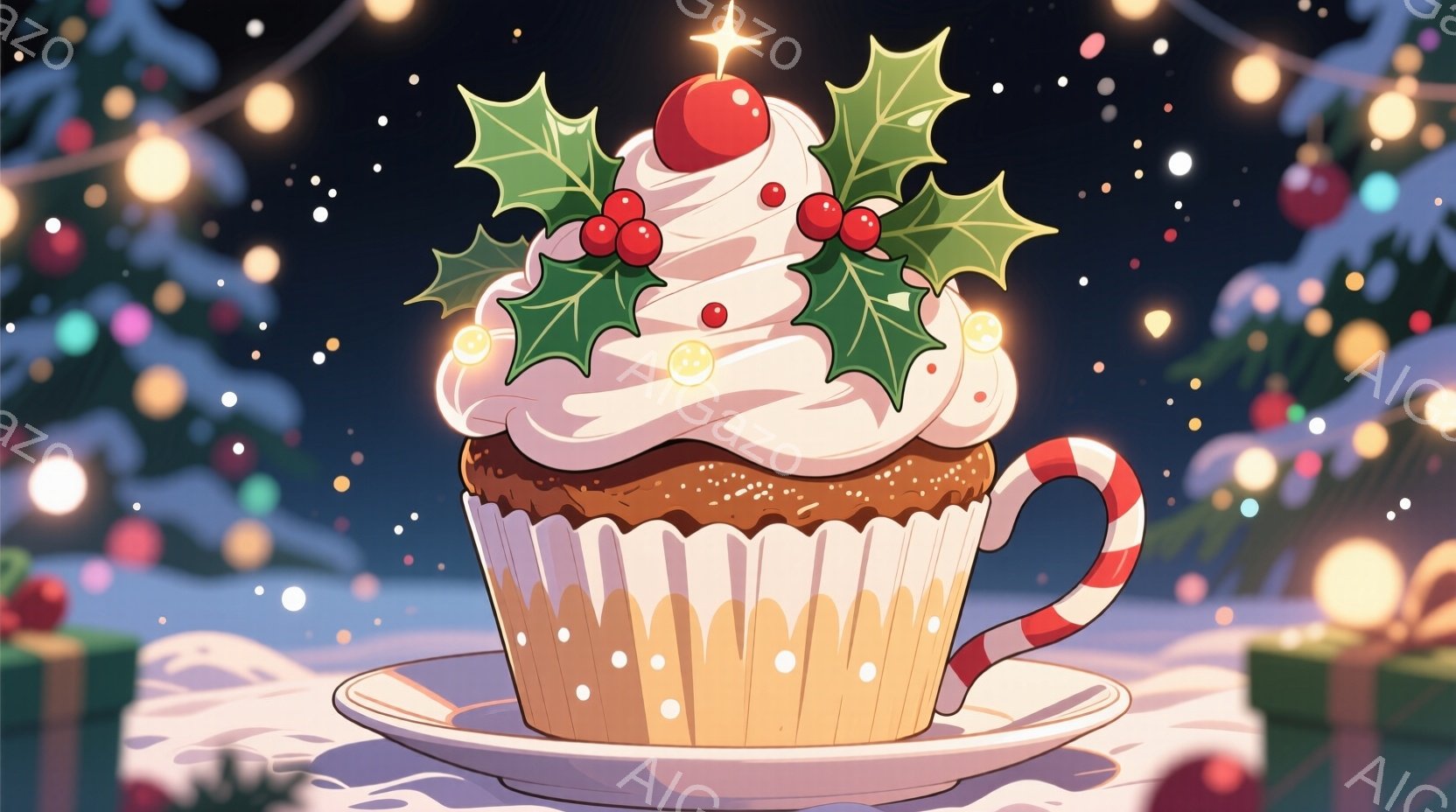 クリスマスをテーマにしたカップケーキが白い皿の上に置かれています。カップケーキはクリームとホーリーで飾られており、ペパーミントキャンディの取っ手が付いた紙製のカップに入っています。背景にはぼやけたクリ - AI生成フリー素材