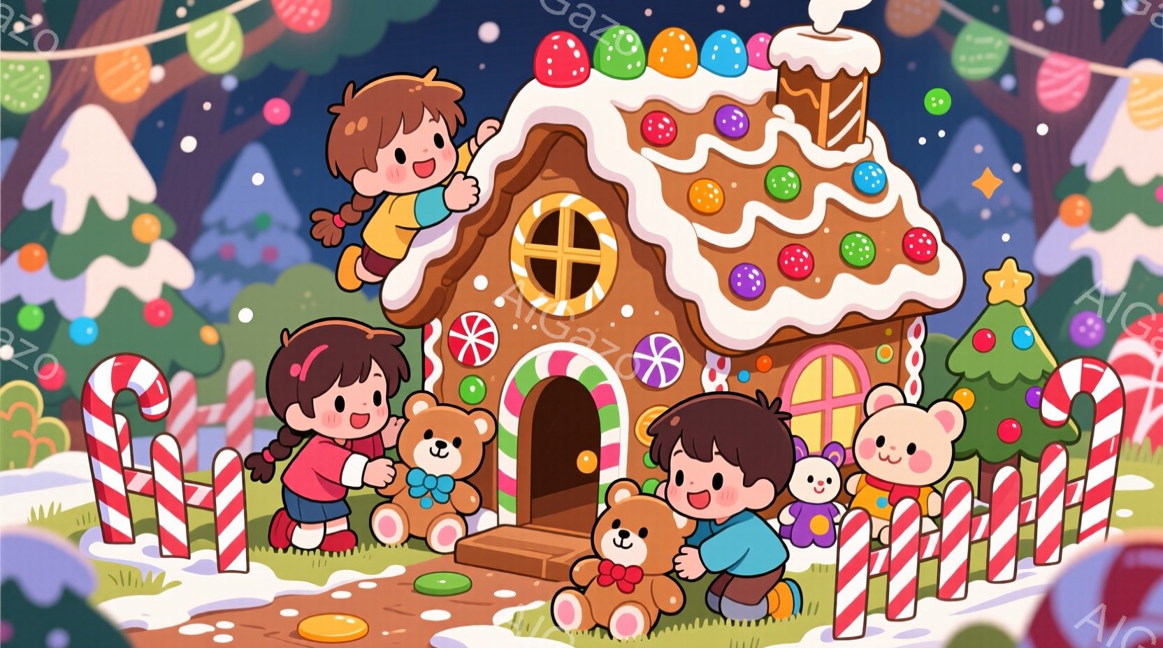 明るい色彩で描かれた可愛らしいイラストで、ジンジャーブレッドハウスの周りを子供たちが楽しんでいます。赤毛の子供たちは赤い上着を着ており、笑顔で遊んでいます。背景には、キャンディケーンの柵、雪、そしてカラフルなオーナメントで飾られたクリスマスツリーがあり、温かく楽しいクリスマスの雰囲気が漂っています。