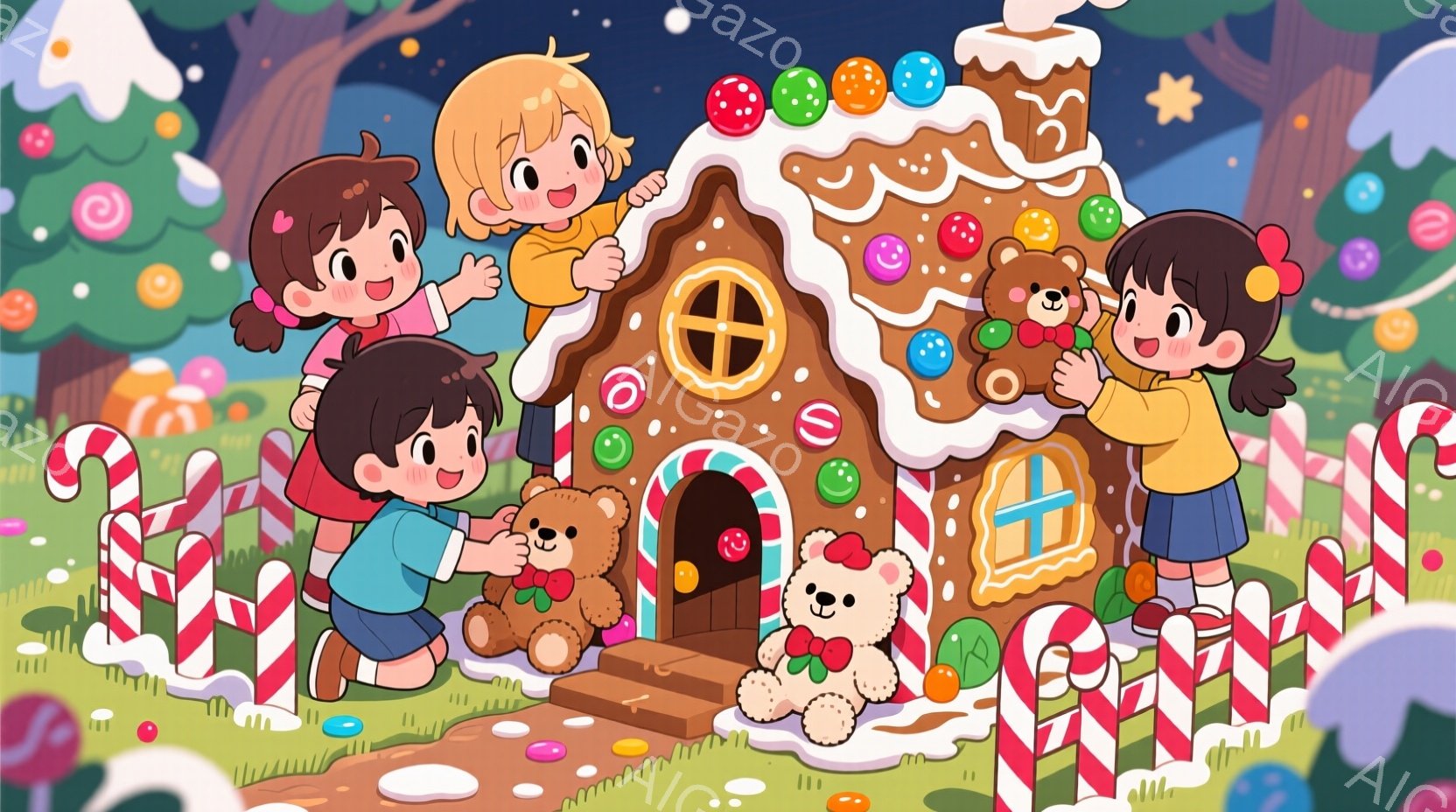明るい色彩で彩られたイラストで、子供たちがお菓子の家を取り囲んでいます。子供たちは皆、短髪で、笑顔を浮かべ、それぞれテディベアを抱えています。背景にはキャンディケーンやカラフルなグミ、そして可愛らしい丸い木々が配置されており、おとぎ話のような暖かい雰囲気が漂っています。