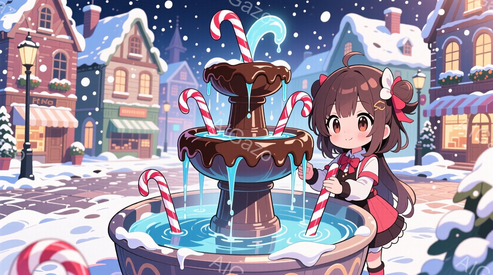 茶色の巻き毛に赤いリボンをつけた少女が、クリスマスらしいキャンディが飾られたチョコレートファウンテンの前に立っています。彼女は赤いセーターと黒いスカートを着ており、キャンディを片手に楽しそうにファウン - AI生成フリー素材