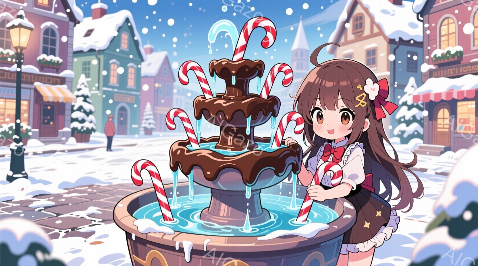 茶色の巻き毛に大きなリボンをつけた少女が、キャンディケーンで作られた噴水を眺めています。彼女は赤いワンピースに白いエプロンとフリル襟を着用し、笑顔でキャンディケーンを握っています。背景には雪で覆われた可愛らしい建物が並び、冬の暖かい雰囲気が漂っています。