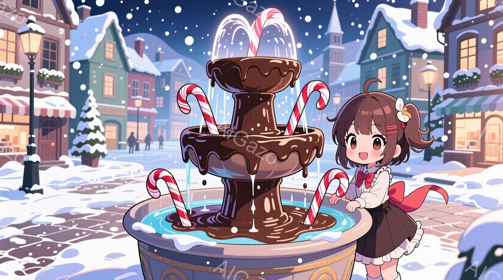 雪が降る夜の街並みを背景に、少女がチョコレートファウンテンの前に立っている。少女は茶色の巻き毛で、赤いリボンと白いエプロンを着ており、嬉しそうな表情でファウンテンの周りに飾られたペパーミントキャンディを見ている。背景には、ライトアップされた建物や雪で覆われた木々が見え、全体的に暖かく、お祭り気分に満ちた雰囲気である。