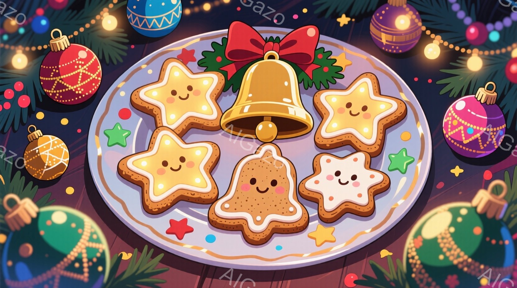 クリスマスをテーマにした画像で、白い皿に星型とベル型のクッキーが並べられています。クッキーには可愛らしい笑顔が描かれており、緑の葉と赤いリボンで飾られています。背景には、様々な色のクリスマスオーナメントと、温かい光のストリングライトが散りばめられ、クリスマスの雰囲気を盛り上げています。