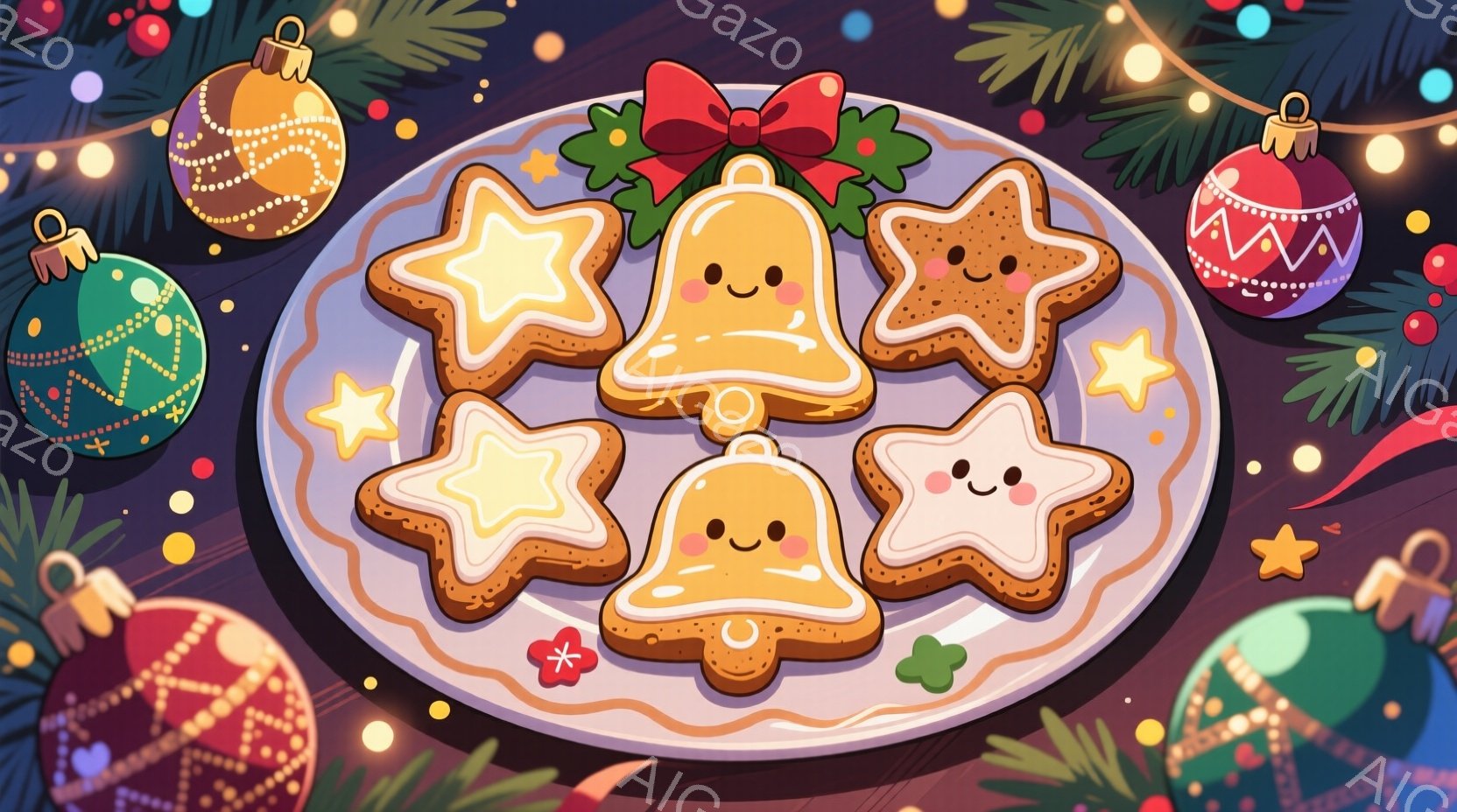 焼き菓子が盛り付けられたお皿が描かれています。星型とベル型のクッキーが可愛らしい表情をしており、緑の葉と赤いリボンで飾られています。背景にはクリスマスツリーの緑の葉やオーナメントが散りばめられ、温かく - AI生成フリー素材