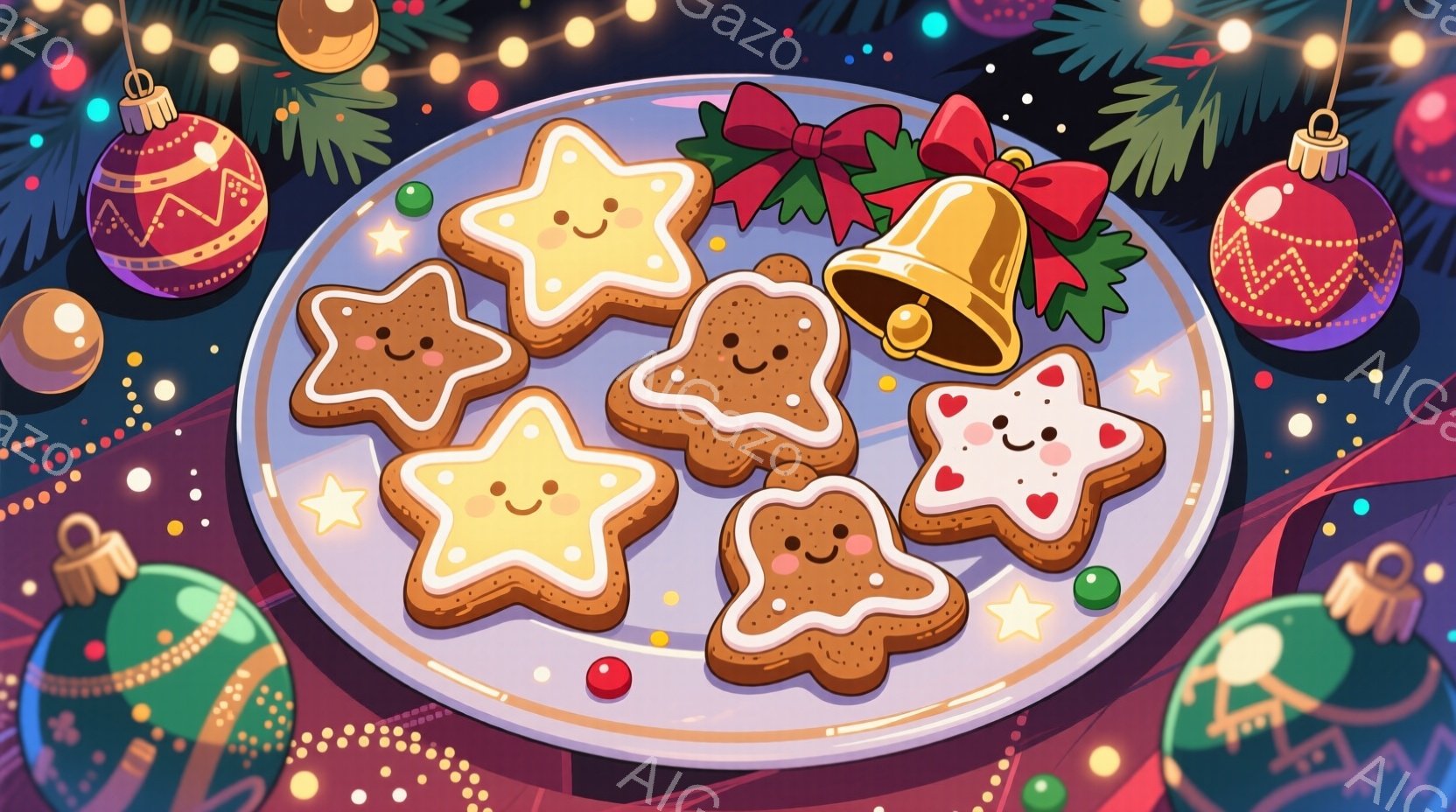 鮮やかな緑色の皿に、星形やジンジャーブレッドマン形のクッキーが並べられています。クッキーには笑顔が描かれており、可愛らしい印象を与えます。背景には、クリスマスオーナメントや輝く星が散りばめられ、華やかなクリスマスの雰囲気を醸し出しています。