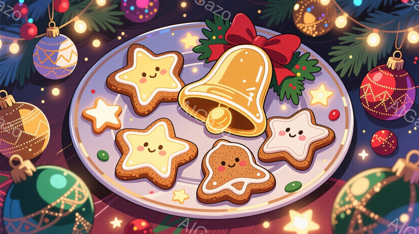 クリスマスを連想させる可愛らしいクッキーが描かれた画像です。星型とベル型のクッキーには愛らしい笑顔が描かれており、赤いリボンと葉っぱで飾られています。背景には、キラキラと光るクリスマスオーナメントと電飾があり、暖かく、お祝いの雰囲気が漂っています。
