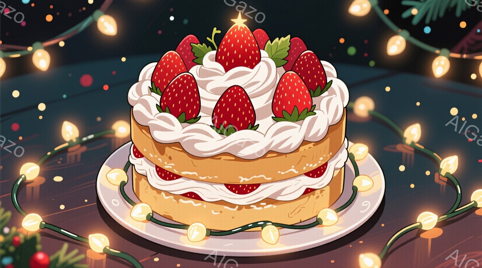 イチゴとクリームをたっぷり使ったショートケーキが描かれています。ケーキは白いお皿に乗っており、背景には点滅するイルミネーションが散りばめられています。全体的に温かく、お祝いの雰囲気が漂う、美味しそうな - AI生成フリー素材