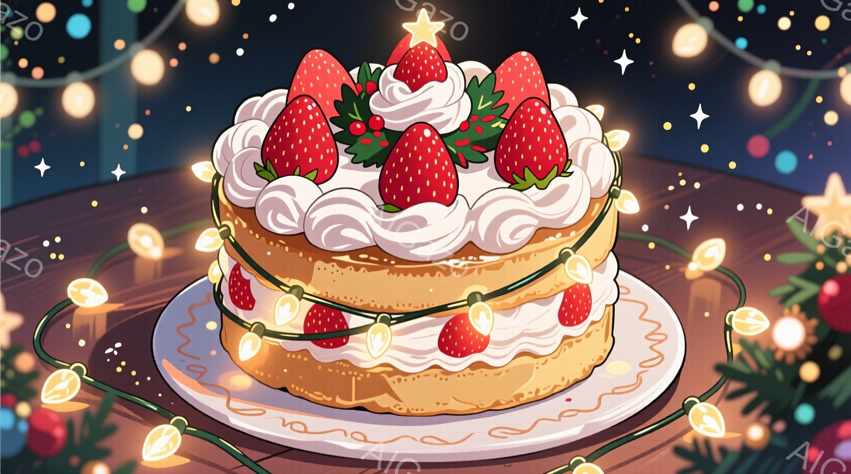 鮮やかな赤いイチゴを飾った、層状のケーキが描かれています。ケーキは白いクリームで覆われ、緑色の葉がアクセントとして添えられています。背景には光るクリスマスライトがあり、ケーキを中心に温かく幻想的な雰囲気が漂っています。