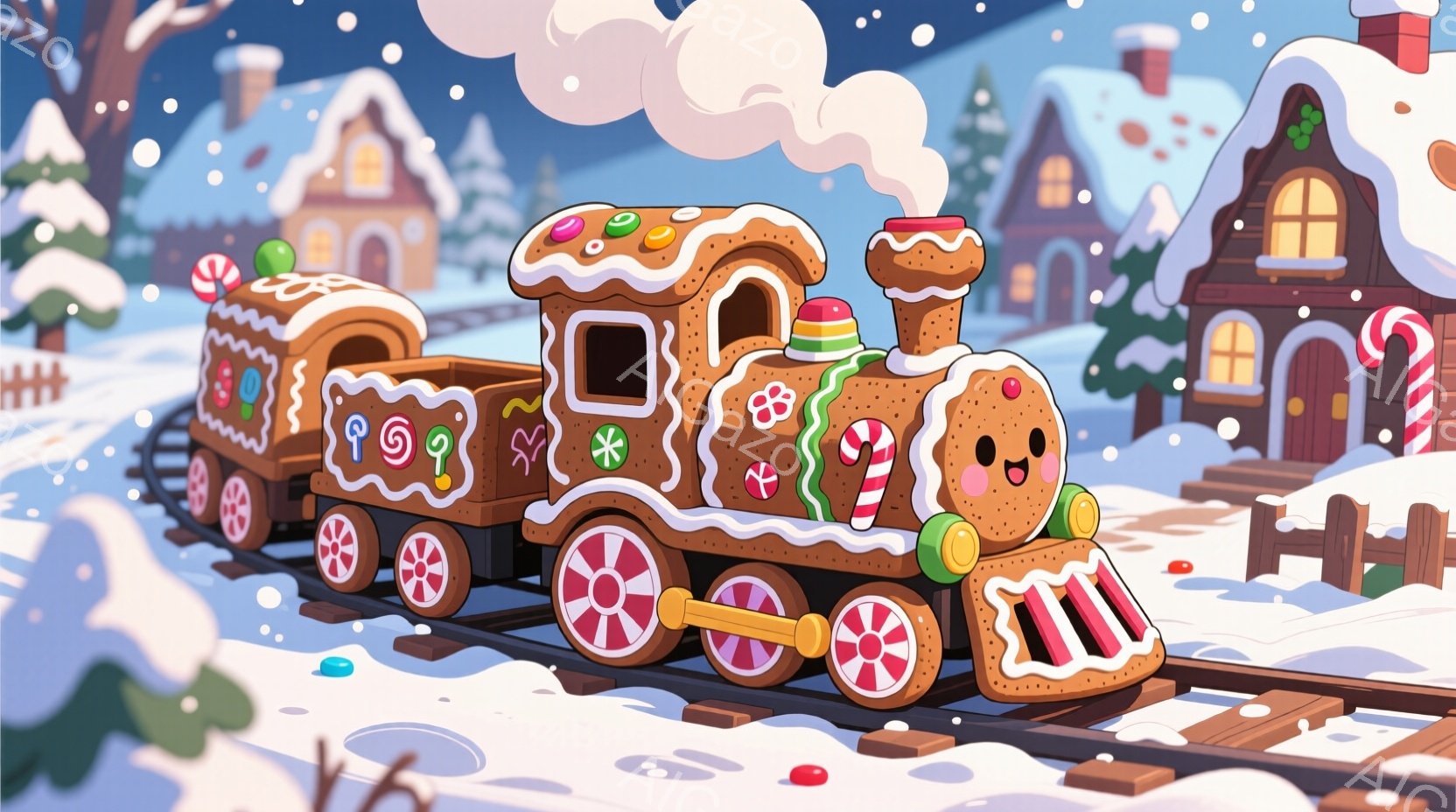 暖炉から立ち上る煙のように、雪景色の中をジンジャーブレッドで作られた列車が走っています。列車はキャンディやクッキーで飾られ、可愛らしい表情をしており、背景には雪で覆われた屋根の家々が並び、クリスマスの - AI生成フリー素材