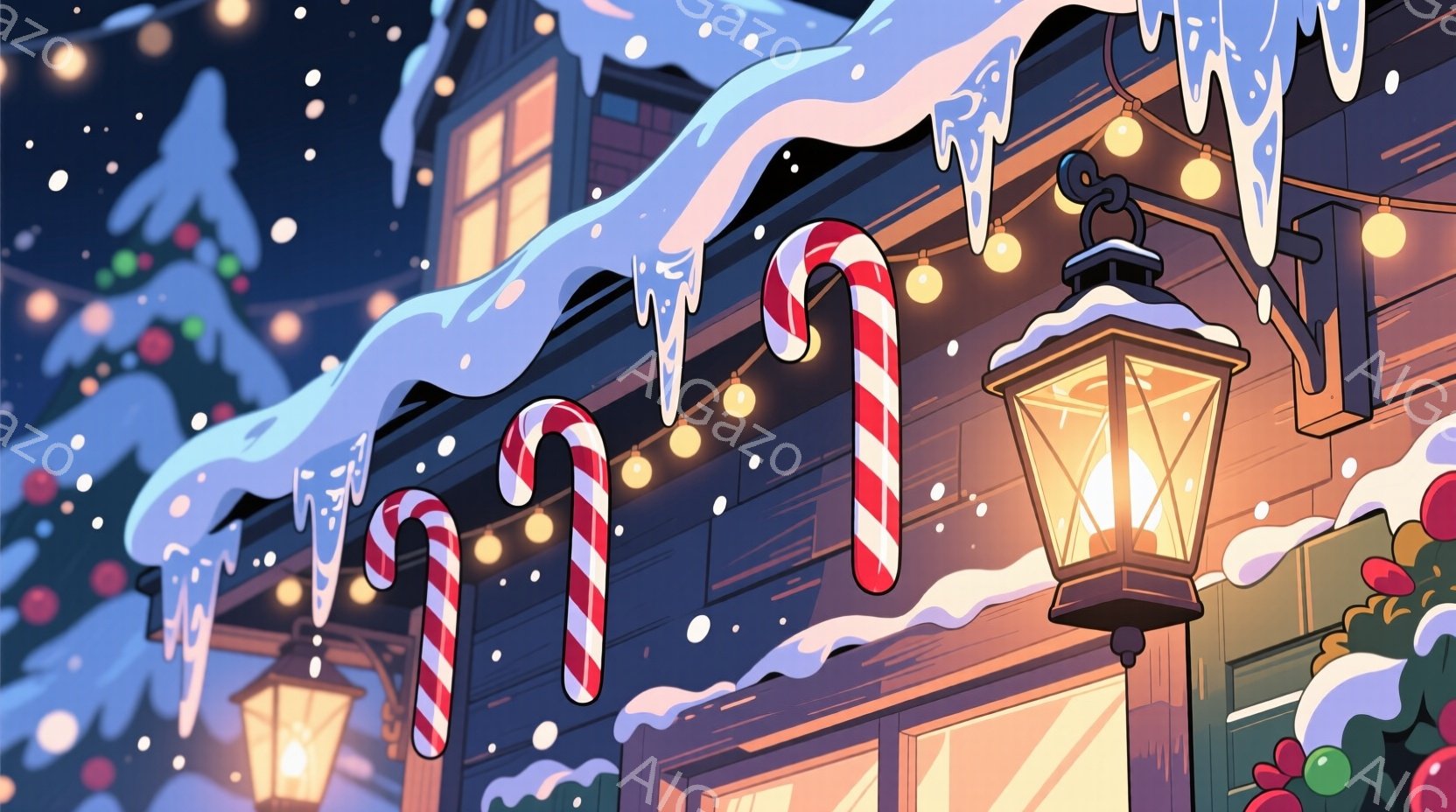 吹雪の夜、木造建築の屋根に、クリスマスキャンドルとペパーミントキャンディが飾られています。屋根には雪が積もり、点灯したキャンドルとイルミネーションが暖かく幻想的な雰囲気を醸し出しています。背景には緑の木が見え、冬のクリスマスの夜の穏やかな雰囲気が伝わってきます。