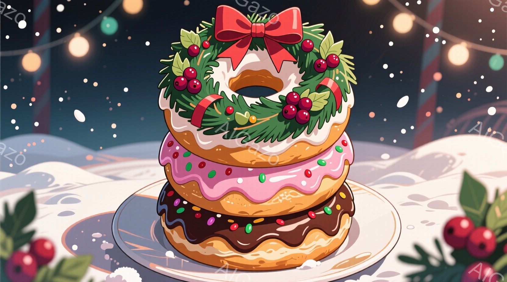 クリスマスをテーマにしたドーナツのタワーが、白いお皿に乗せられています。ドーナツはそれぞれ異なる色とトッピングで飾られ、一番上には赤いリボンと常緑樹の飾りでできたクリスマスリースが載っています。背景にはぼんやりとした光のストリングとベリーの装飾があり、全体的に華やかで祝祭的な雰囲気が漂っています。