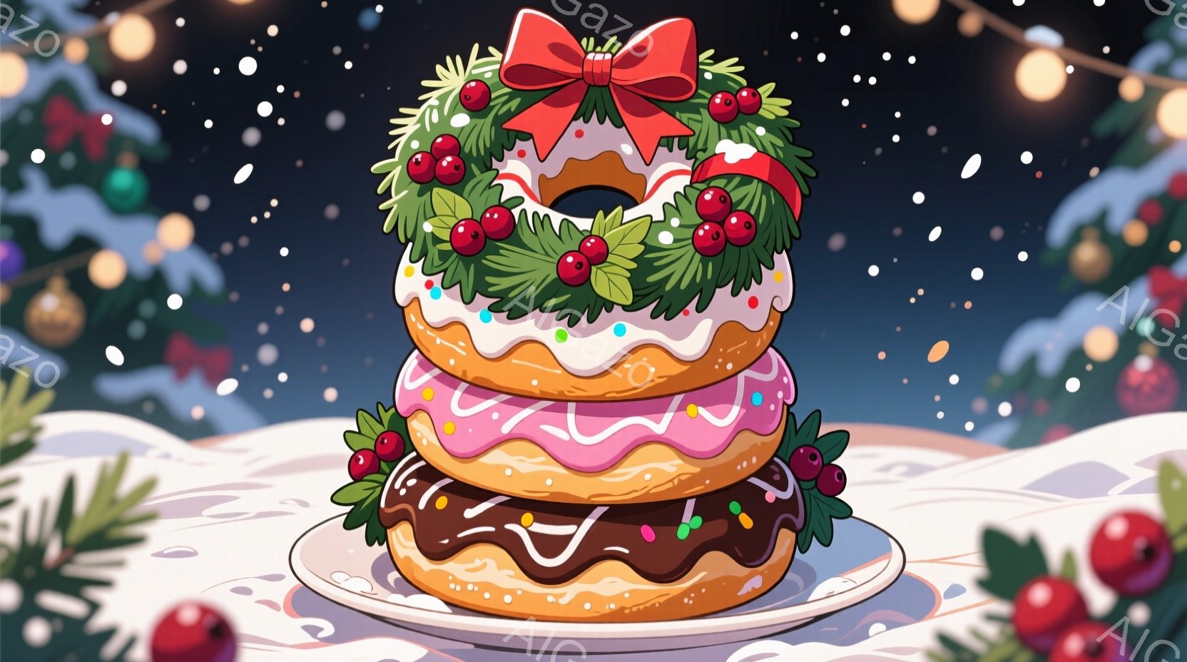 ドーナツが積み重ねられたタワーが中央に配置されており、一番上のドーナツには赤いリボンと赤い実の付いた緑のリースが飾られています。背景には暗い青色の空と白い雪が舞い、緑の葉と赤い実が散りばめられており、クリスマスの雰囲気を醸し出しています。全体的に暖かく、お祝いの雰囲気で、甘いデザートが冬の季節を彩っています。