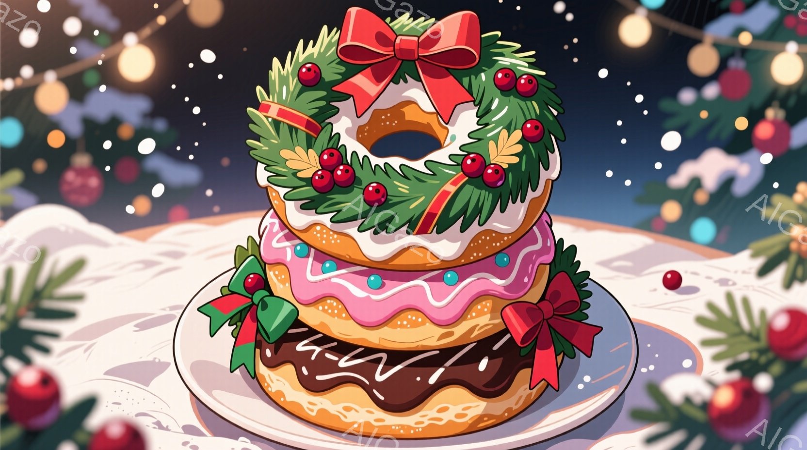クリスマスの飾りで彩られたドーナツの積み重ねが描かれています。一番下のドーナツはチョコレートでコーティングされ、真ん中はピンク色のアイシング、一番上は白いアイシングで飾られています。背景には、クリスマ - AI生成フリー素材