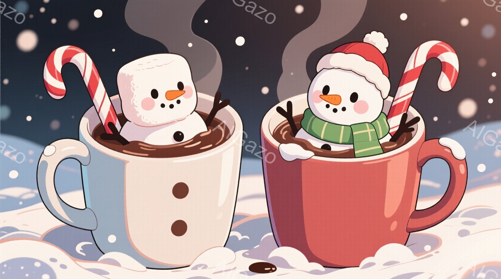 2つのマグカップに入った雪だるまが描かれています。片方の雪だるまはマシュマロのような頭で、もう片方は赤い帽子と緑のストールを身につけ、どちらもキャンディケーンを握っています。背景は雪景色で、マグカップ - AI生成フリー素材