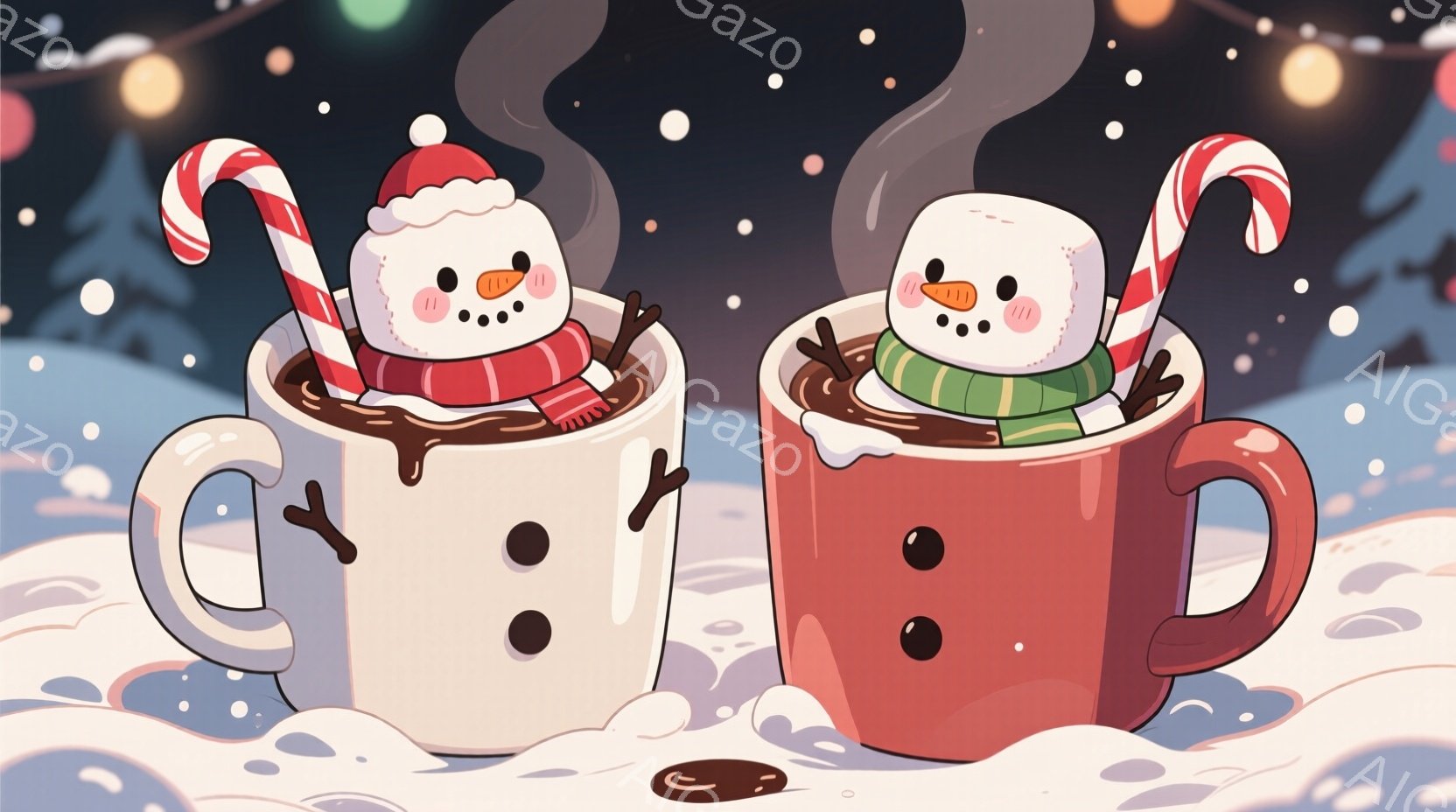 ホットココアに入った二つの雪だるまが描かれています。それぞれ赤いまたは緑のストールを巻き、頭には赤い帽子をかぶり、棒キャンディを手に持っています。背景は雪景色で、遠くには木々とぼんやりとした光が見え、 - AI生成フリー素材