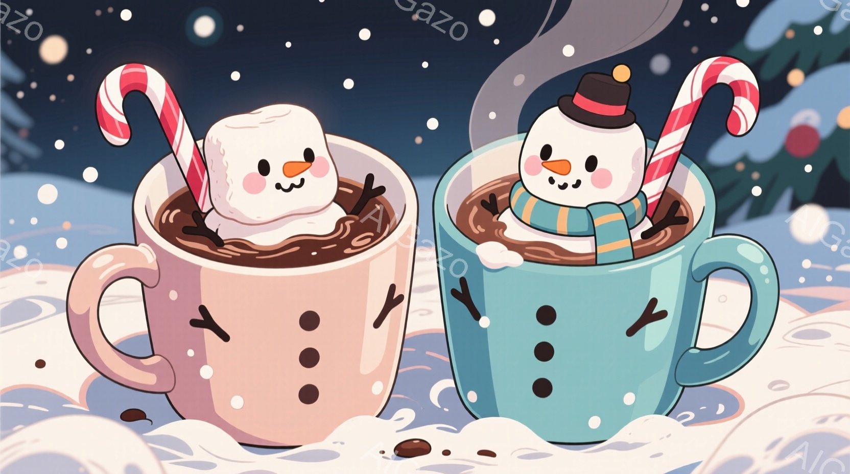 可愛らしい雪だるまが、それぞれピンクと水色のマグカップの中で、ホットココアに浸かって楽しんでいます。雪だるまは、それぞれ赤いキャンディケーンとマフラーを身につけ、笑顔を見せています。背景には雪が降り積 - AI生成フリー素材