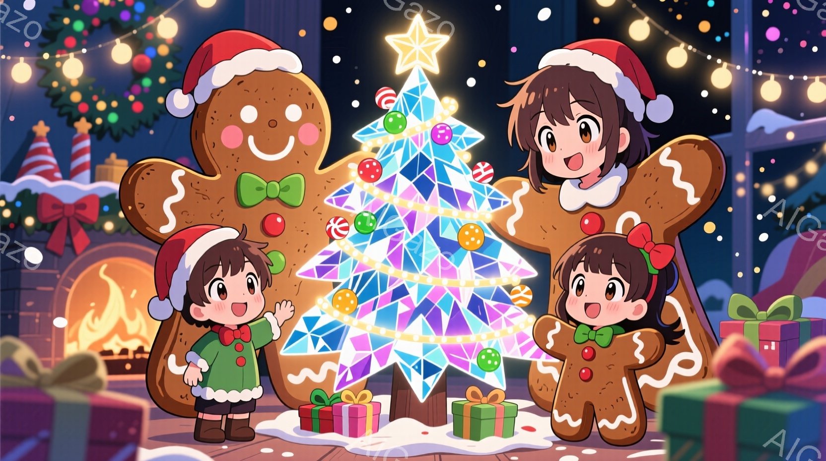 クリスマスをテーマにしたイラストが描かれています。ジンジャーブレッドマンのコスチュームを着た二人の女の子が、光り輝くクリスマスのツリーの前に立っており、それぞれ赤いサンタの帽子を被っています。背景には暖炉やプレゼント、雪が舞う夜空が描かれ、温かく幸せなクリスマスの雰囲気が伝わってきます。