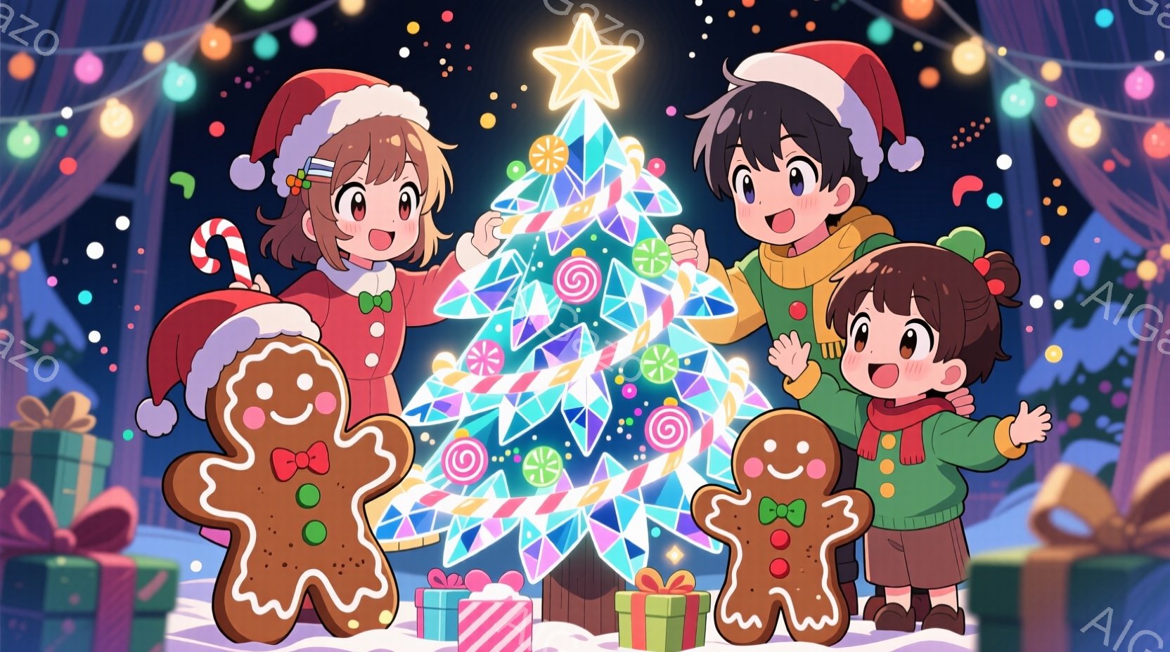 ３人の子供たちが、きらめく三角形のクリスマスツリーを囲んで立っています。赤いサンタ帽をかぶった女の子、緑のセーターを着た男の子、そして茶色の髪をポニーテールにした女の子は、それぞれ楽しそうな表情で、プ - AI生成フリー素材