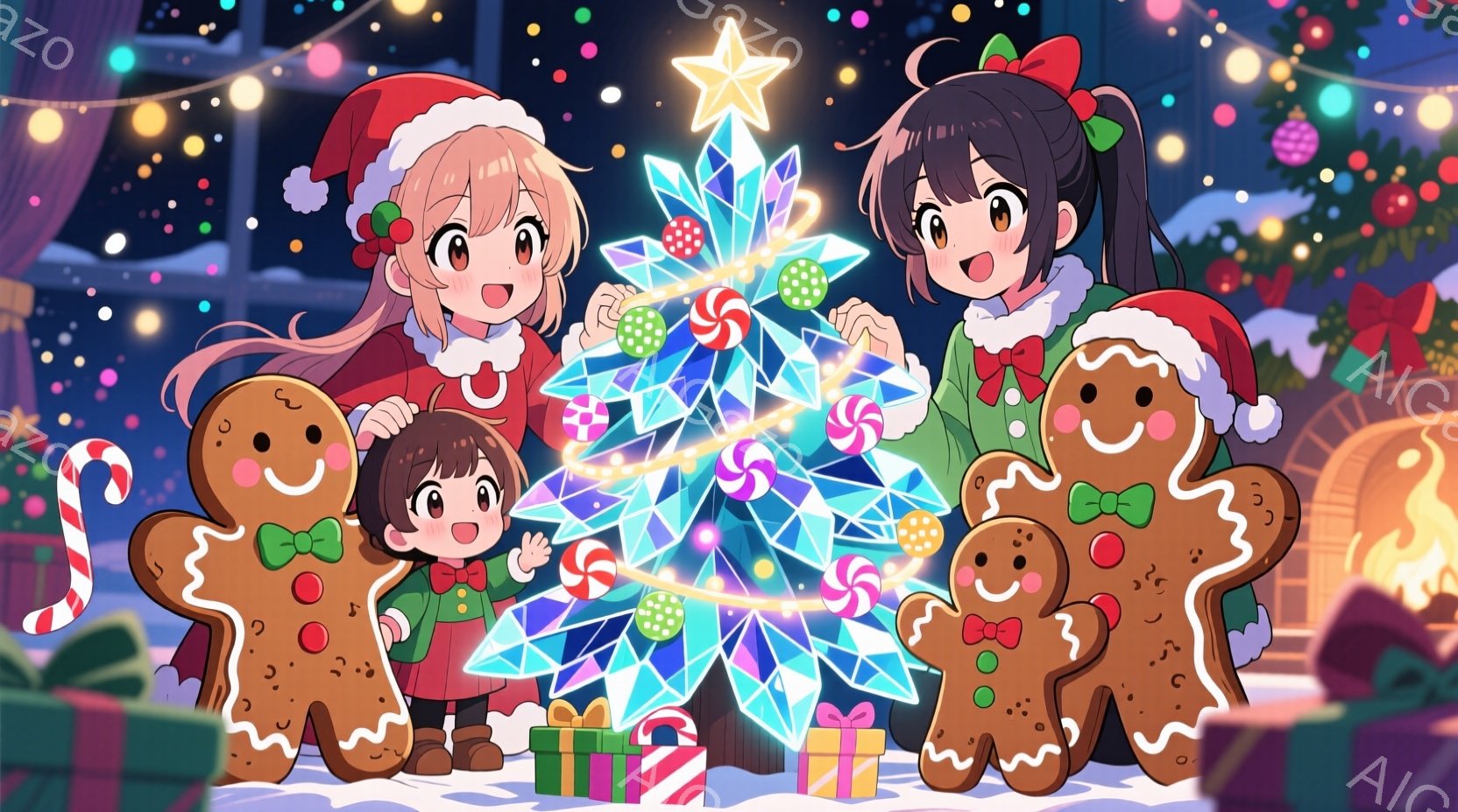 3人の少女がクリスマスツリーの前に立っており、それぞれジンジャーブレッドマンのクッキーを持っています。少女たちは赤いサンタ帽をかぶり、緑と赤のクリスマスをテーマにした衣装を着ています。背景にはプレゼントや暖炉、そしてキラキラと輝くクリスマスツリーが描かれており、全体的に暖かく、お祝いムードに満ちた雰囲気です。