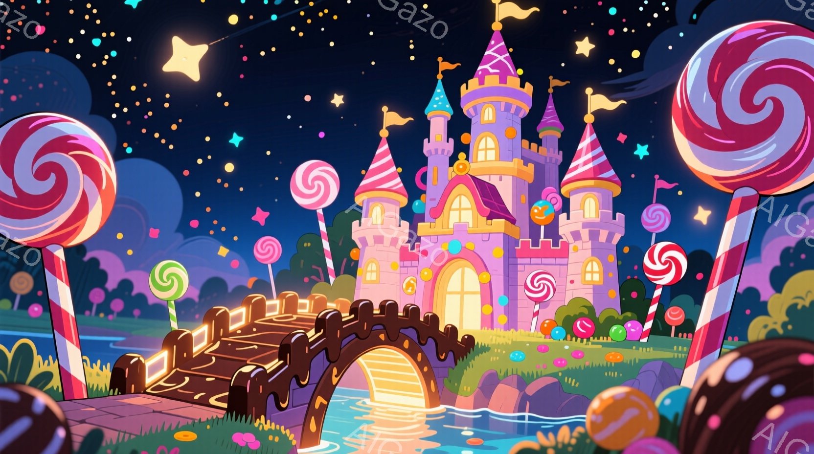 カラフルなキャンディランドが描かれており、ピンク色の城を中心に、巨大なキャンディやチョコレートで作られた橋が広がっています。空には星が輝き、背景には緑の草やカラフルなキャンディが散りばめられ、夢のような雰囲気を醸し出しています。全体的に明るく可愛らしい色使いで、ファンタジーの世界観を表現しています。