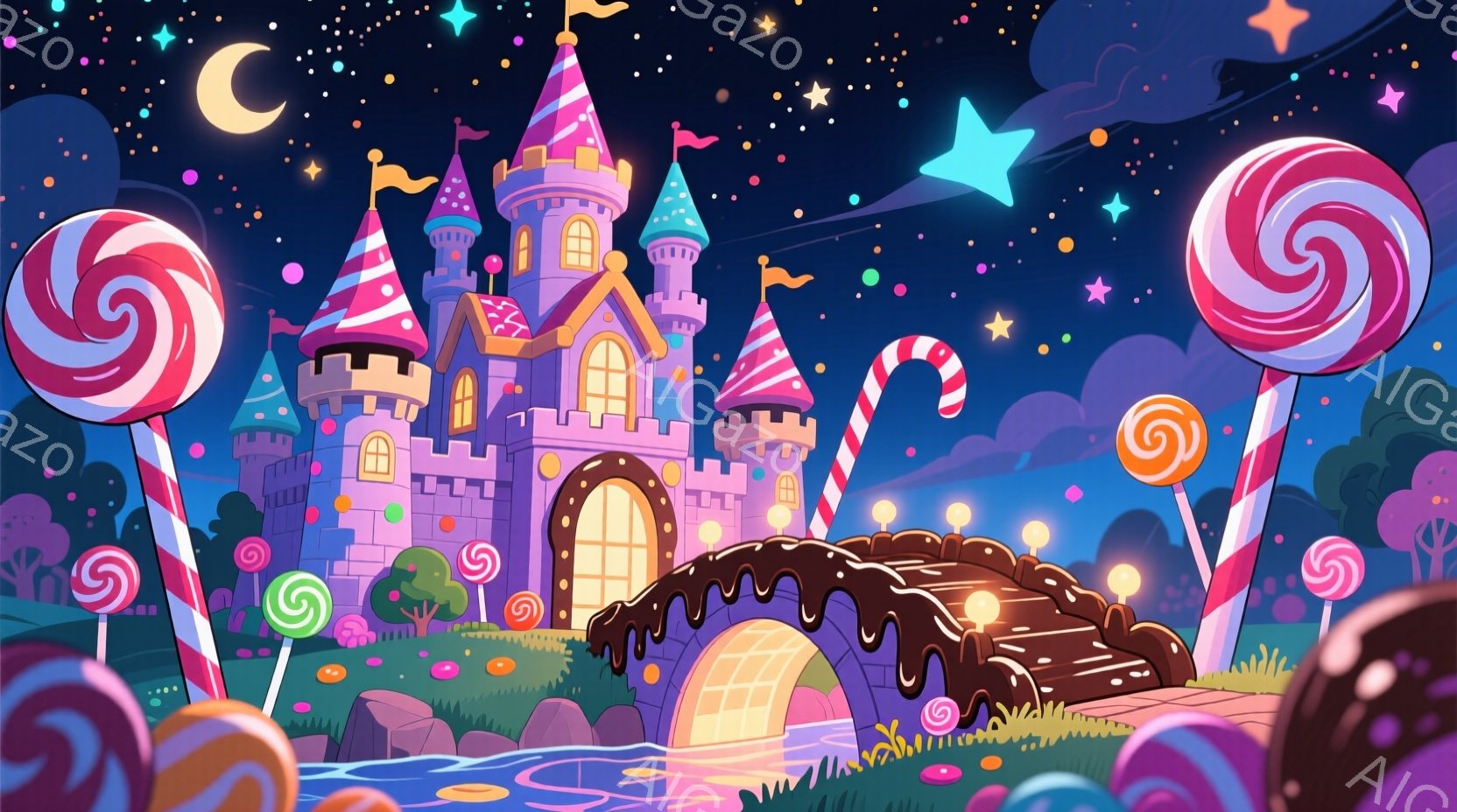 鮮やかなピンク色の城が、チョコレートでできた橋と緑の丘に囲まれたファンタジーの世界に建っています。夜空には星が輝き、巨大なキャンディーが城の周りに立っています。全体的に、夢のようなお菓子の国のような、遊び心のある甘い雰囲気が漂っています。