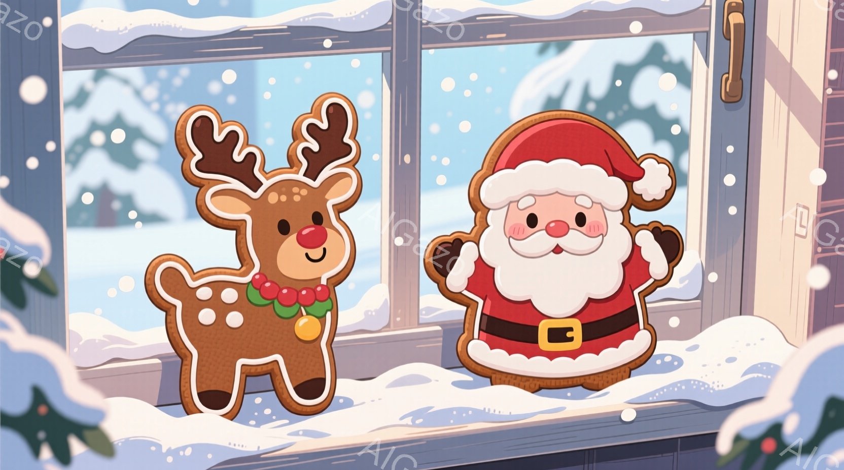 ジンジャーブレッドで作られたトナカイとサンタクロースが寄り添って立っています。二人は共に笑顔で、雪が降る窓辺に置かれています。背景には雪景色が広がり、クリスマスの温かく幸せな雰囲気が漂っています。 - AI生成フリー素材